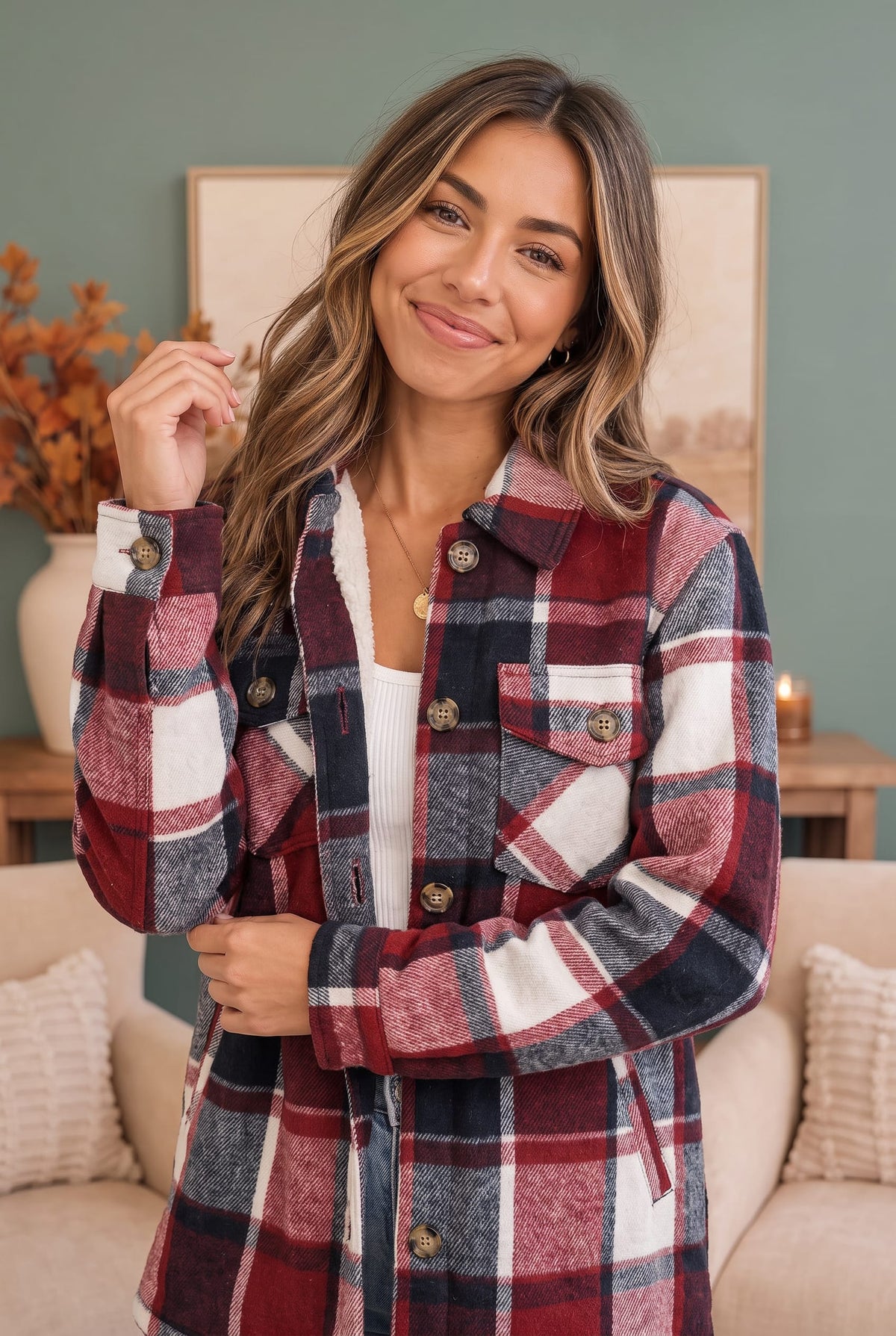 Cozy Cabin Vibes Plaid Sherpa Shacket in Navy and Wine