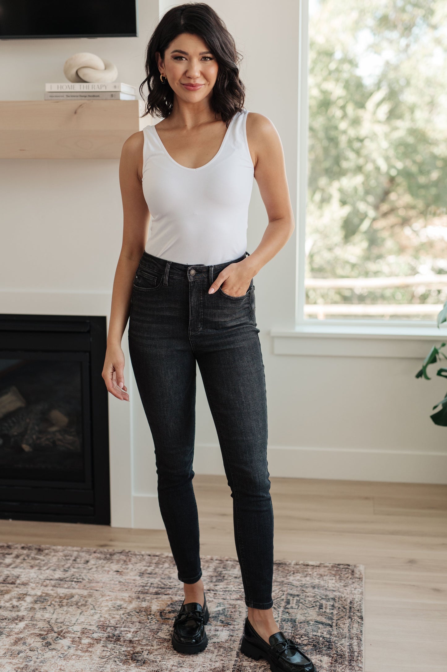 Take Me Higher Mega High Rise Tummy Control Skinny Jeans in Washed Black