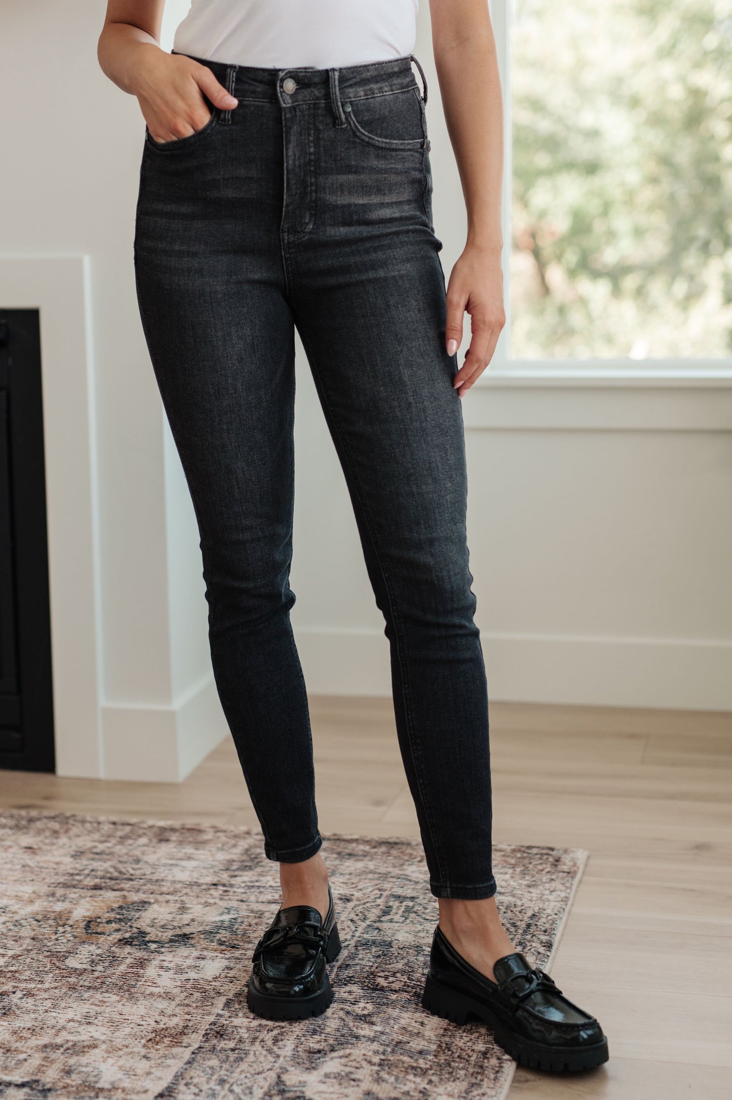 Take Me Higher Mega High Rise Tummy Control Skinny Jeans in Washed Black