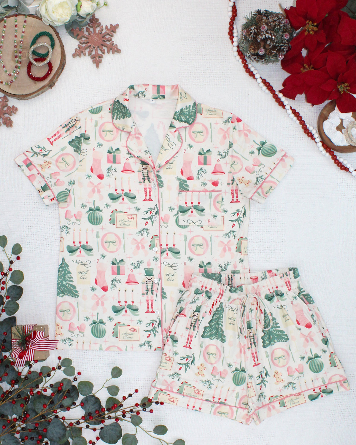 Michelle Mae Brooke Top and Shorts Pajama Set - Pink Pine Noel