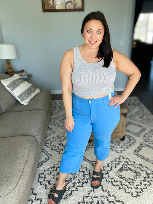 Lisa High Rise Control Top Wide Leg Crop Jeans in Sky Blue