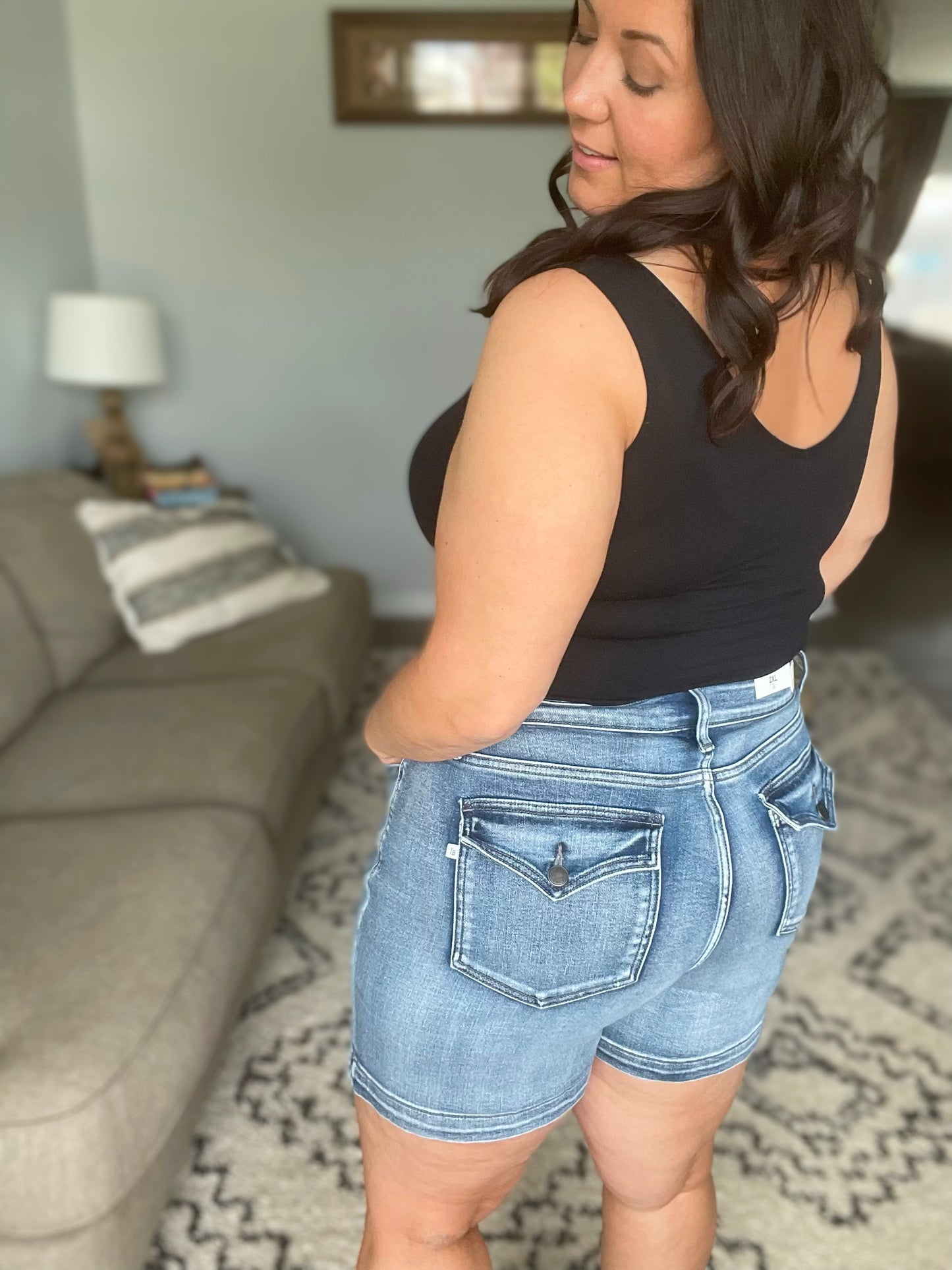 Medium Blue Mid-Rise Button Flap Back Pocket Judy Blue Denim Shorts