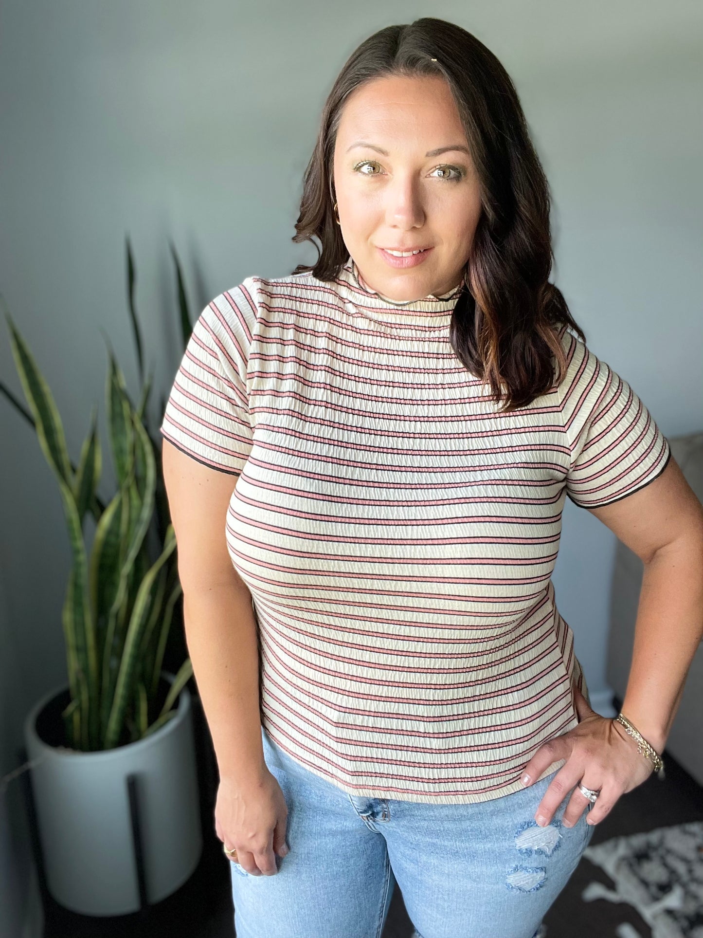 Nostalgic Note Striped Mock Neck Top
