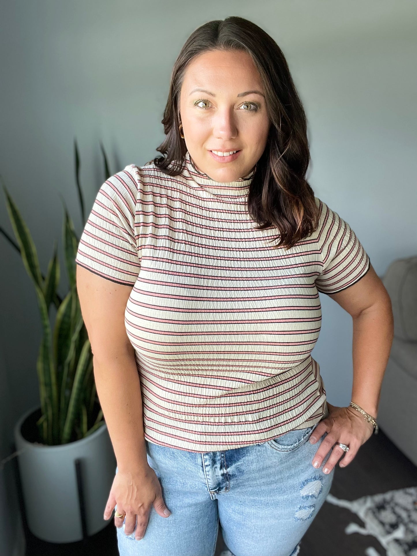 Nostalgic Note Striped Mock Neck Top