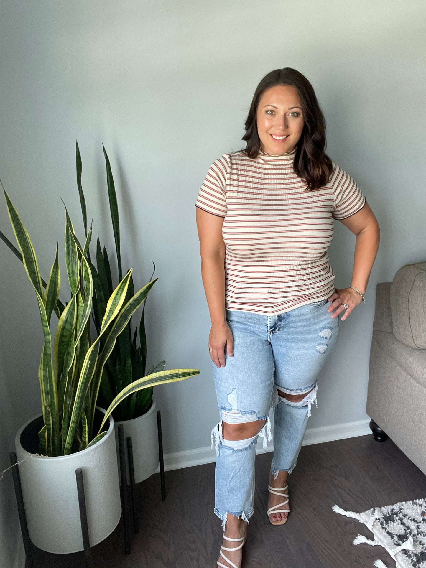 Nostalgic Note Striped Mock Neck Top