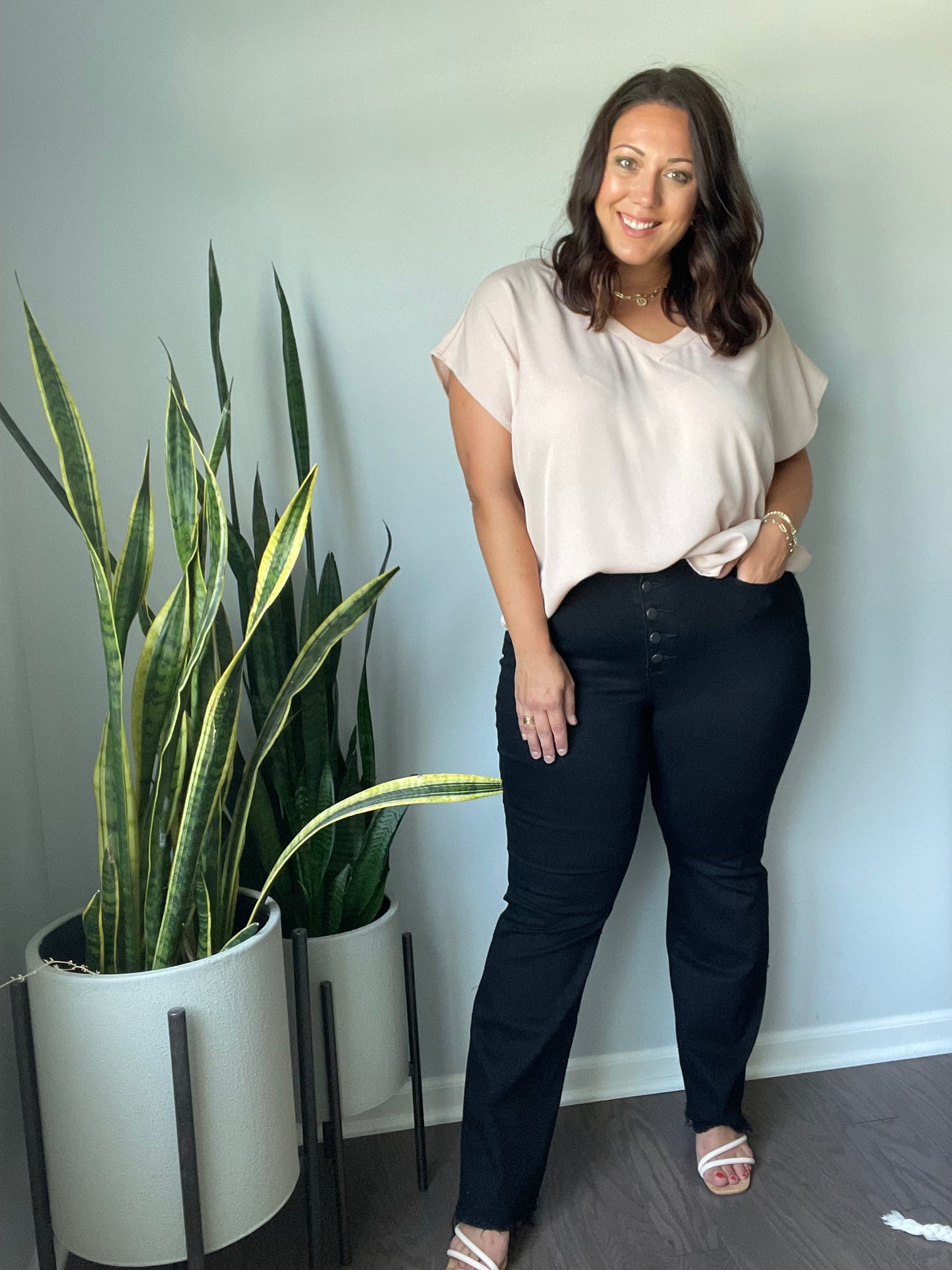 Harriet High Rise Button Fly Bootcut Jeans in Black
