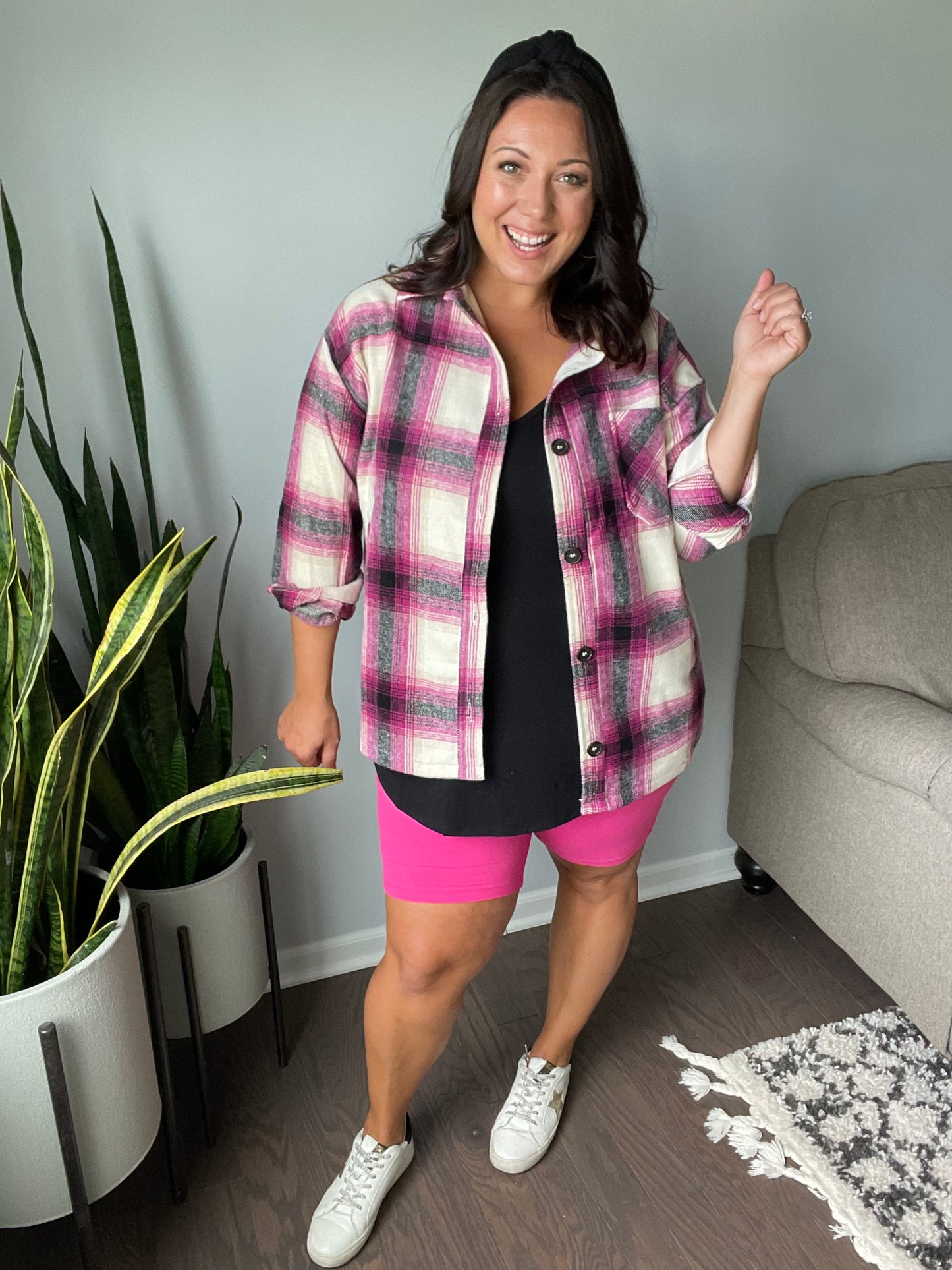 High Rise Wide Waistband Biker Shorts in Fuchsia