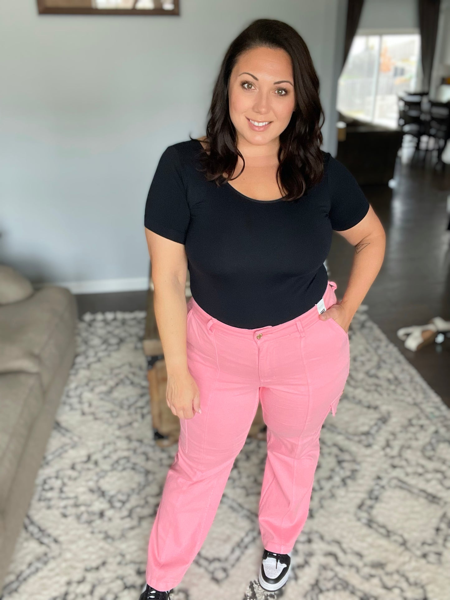 Peggy High Rise Cargo Straight Jeans in Pink