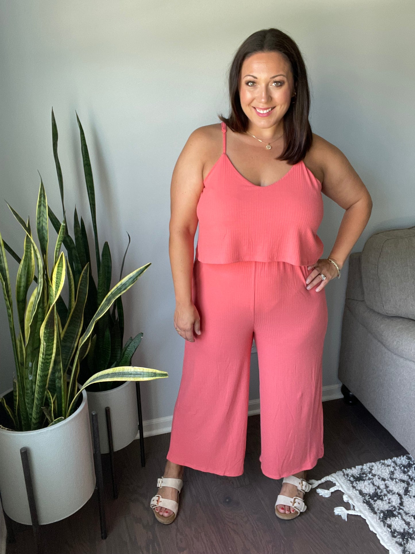 Ribbed Double Layer Jumpsuit in Deep Coral