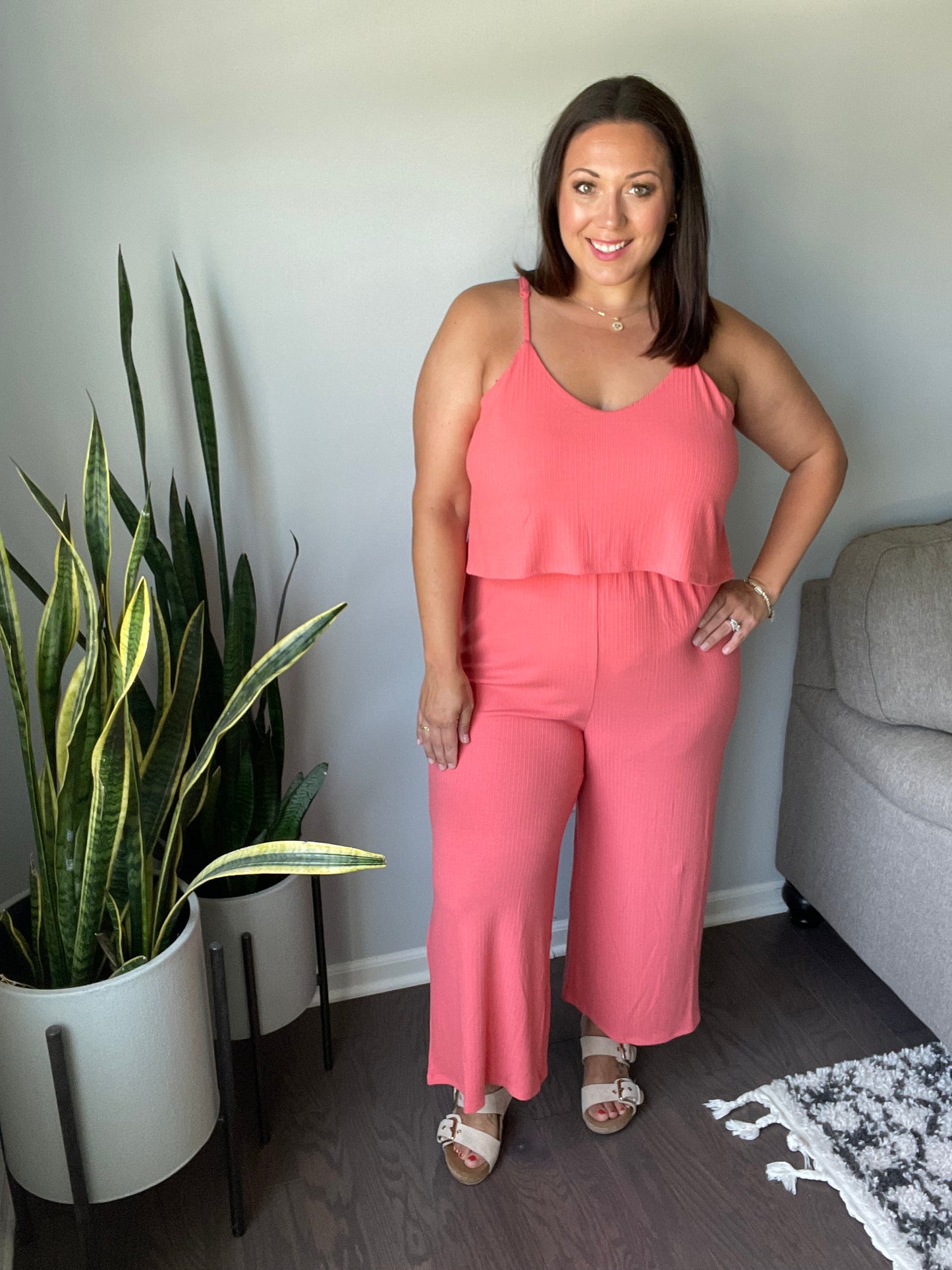 Ribbed Double Layer Jumpsuit in Deep Coral