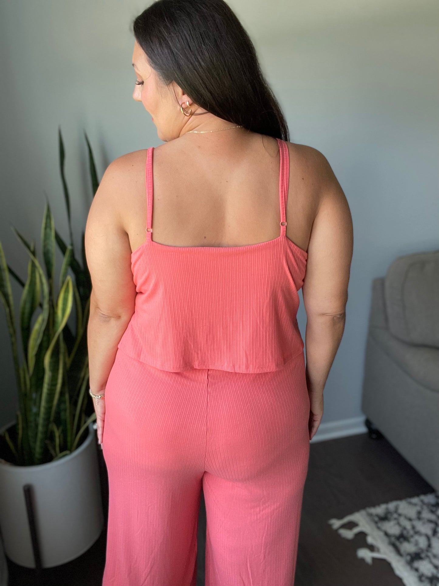 Ribbed Double Layer Jumpsuit in Deep Coral