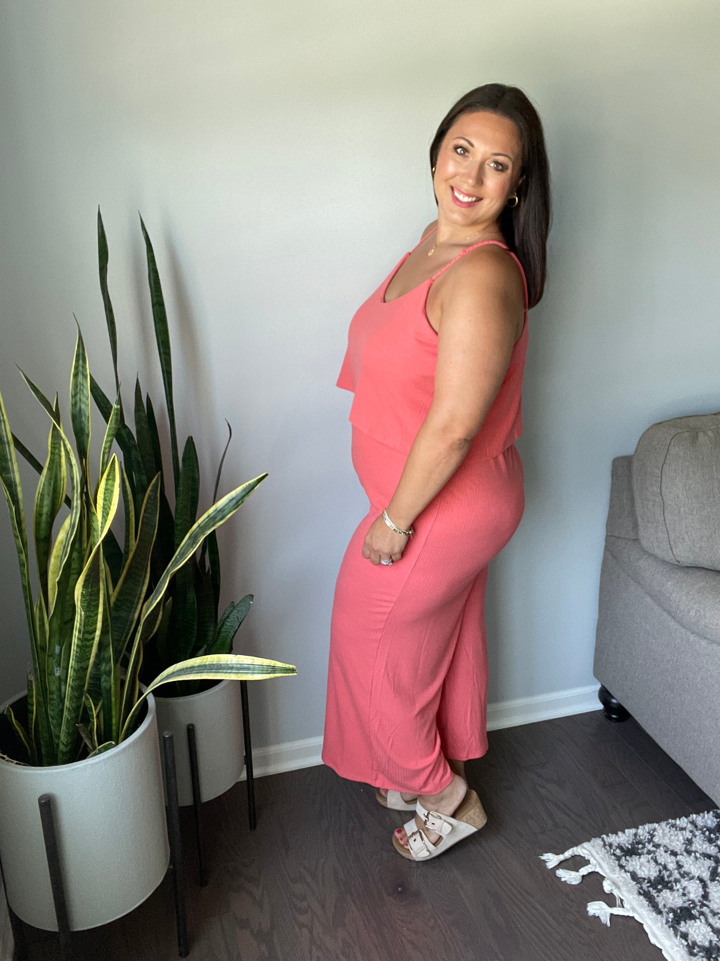 Ribbed Double Layer Jumpsuit in Deep Coral