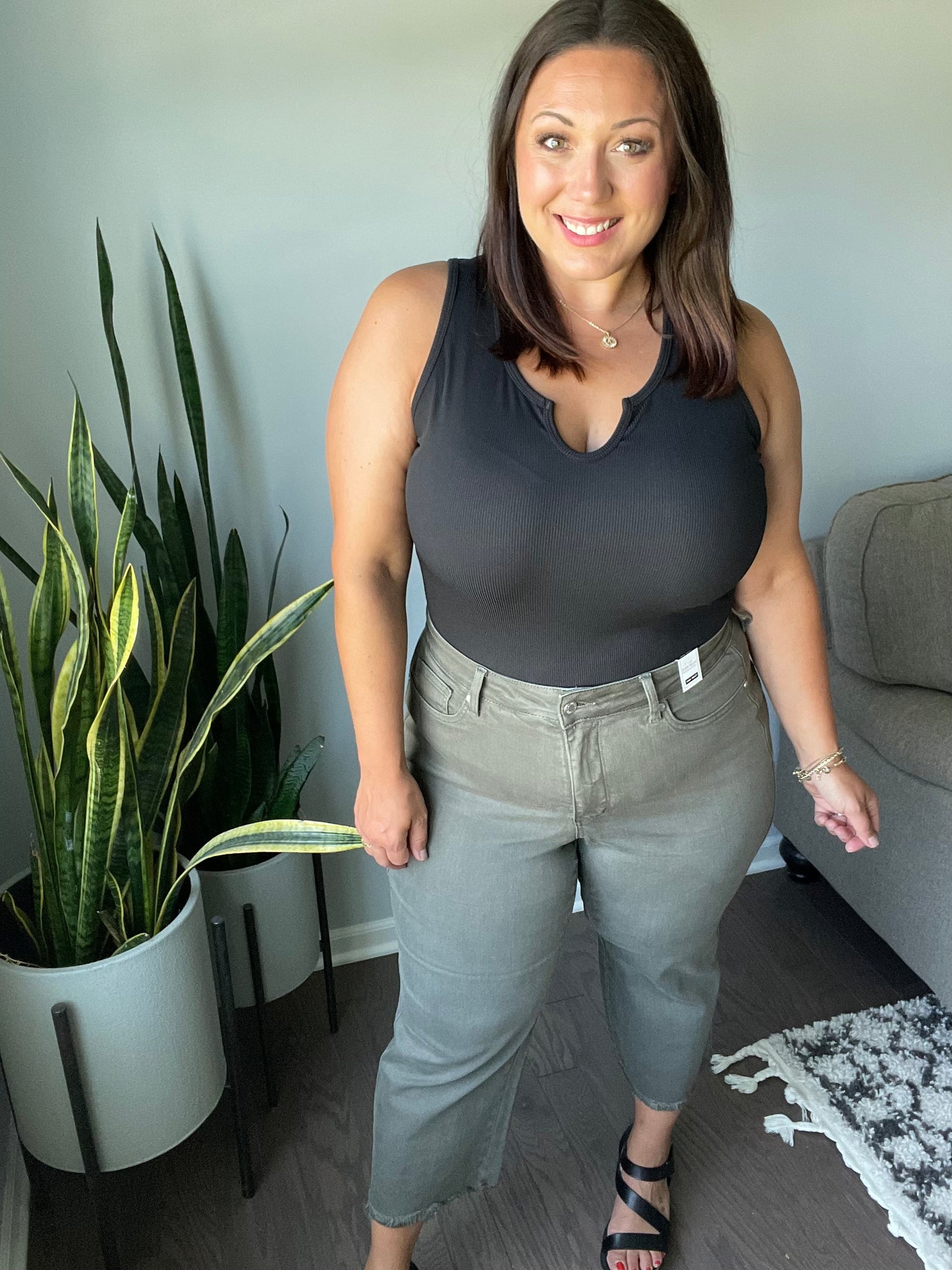 Harvey High Rise Control Top Wide Leg Crop Jeans in Olive