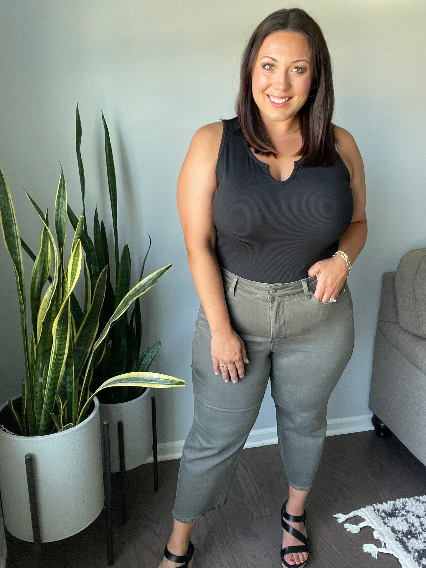 Harvey High Rise Control Top Wide Leg Crop Jeans in Olive