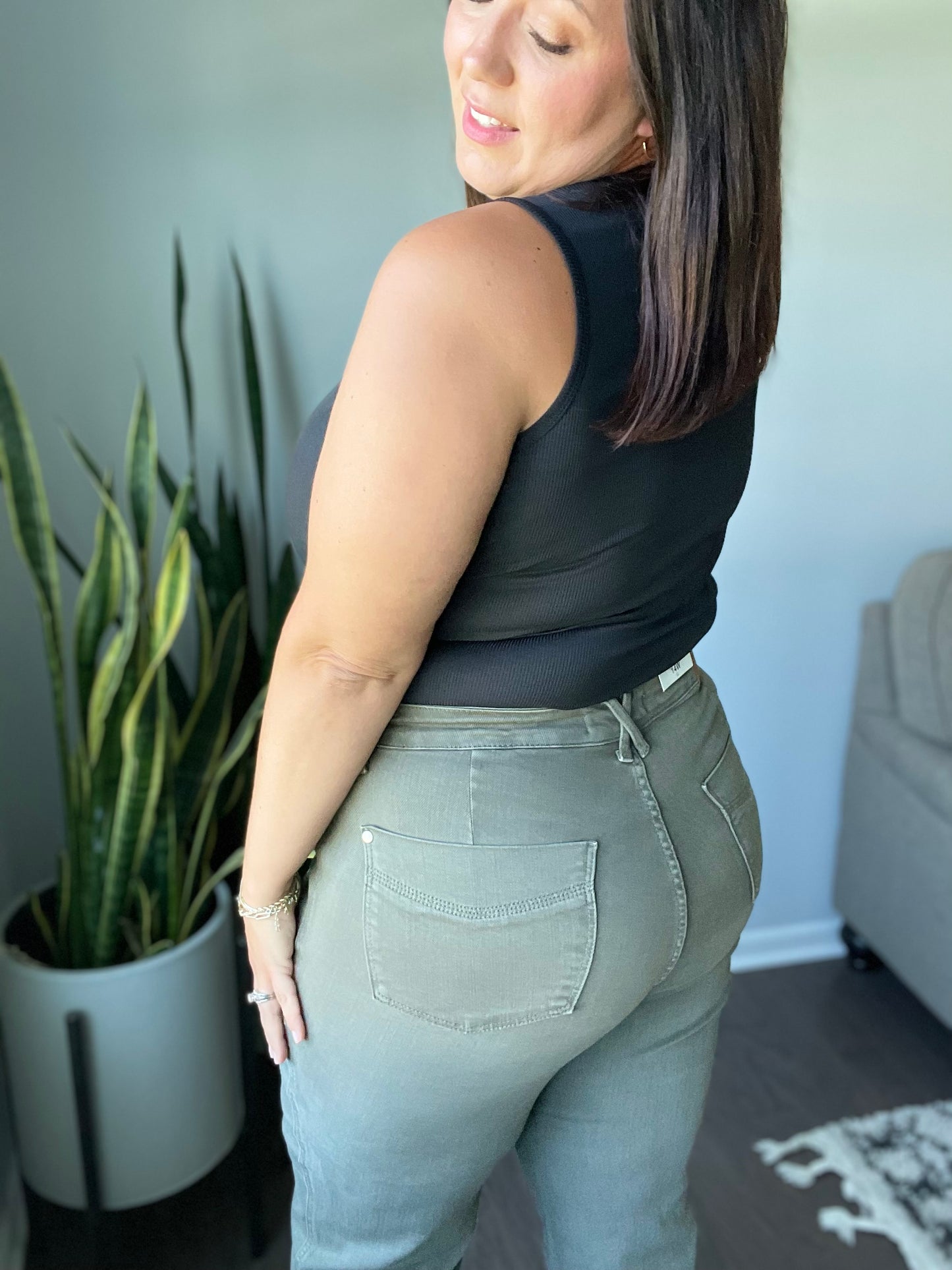 Harvey High Rise Control Top Wide Leg Crop Jeans in Olive