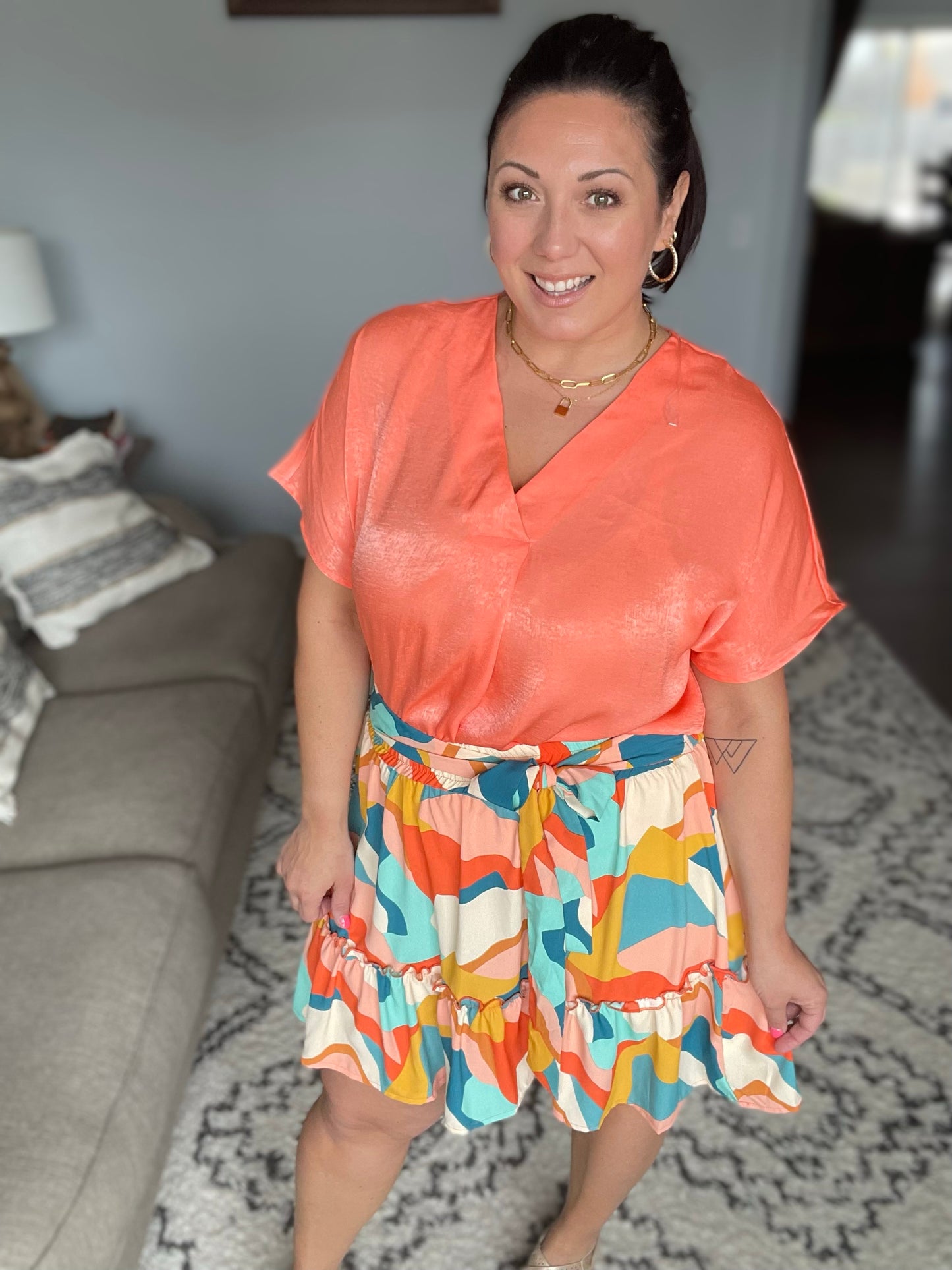 Pleat Front V-Neck Top in Persimmon