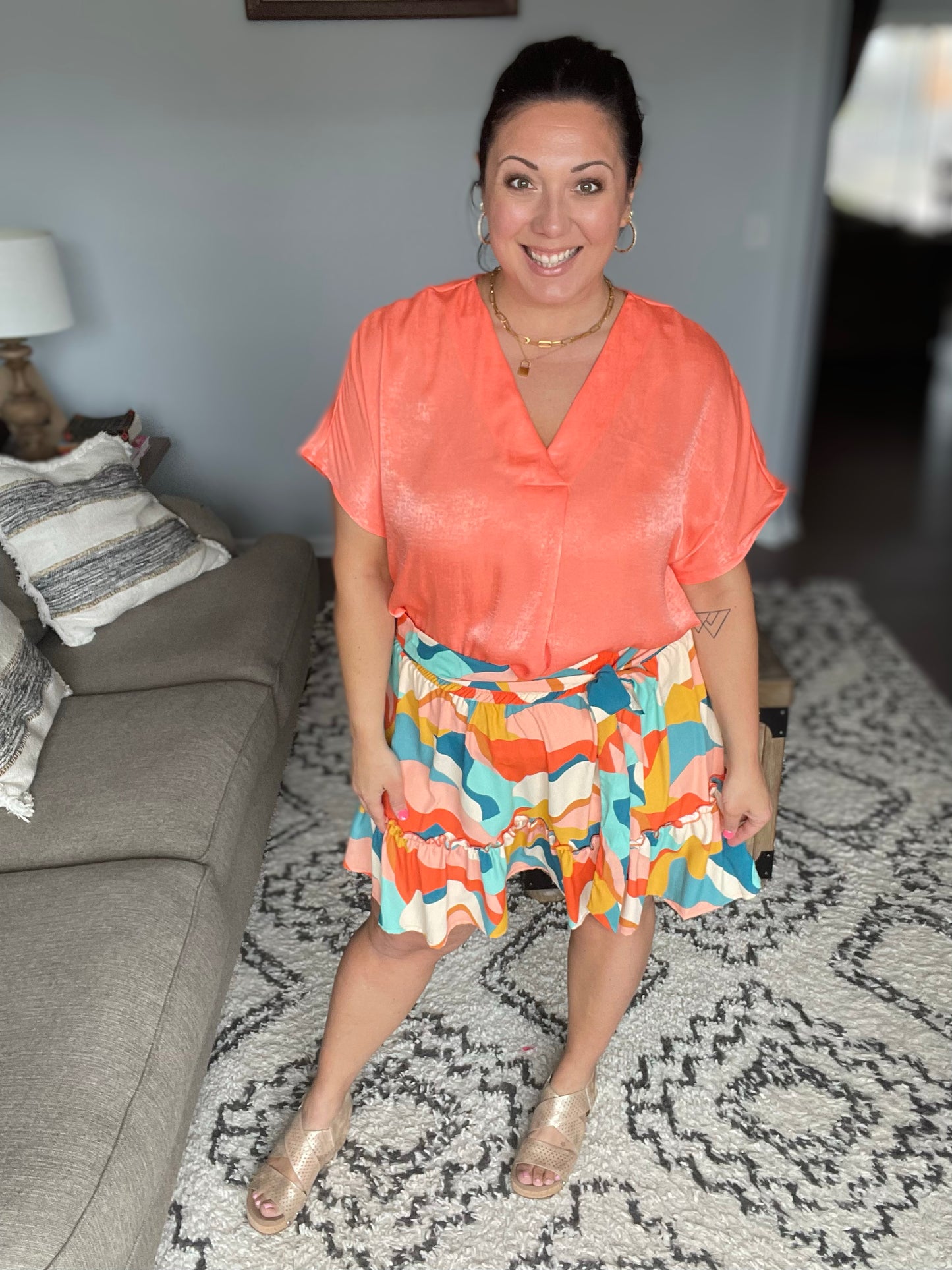Pleat Front V-Neck Top in Persimmon