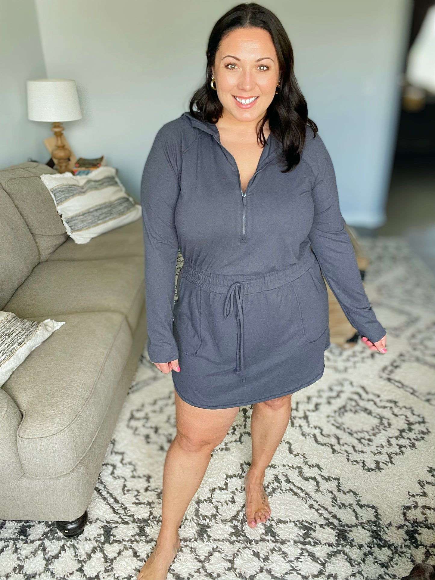 Getting Out Long Sleeve Hoodie Romper in Charcoal