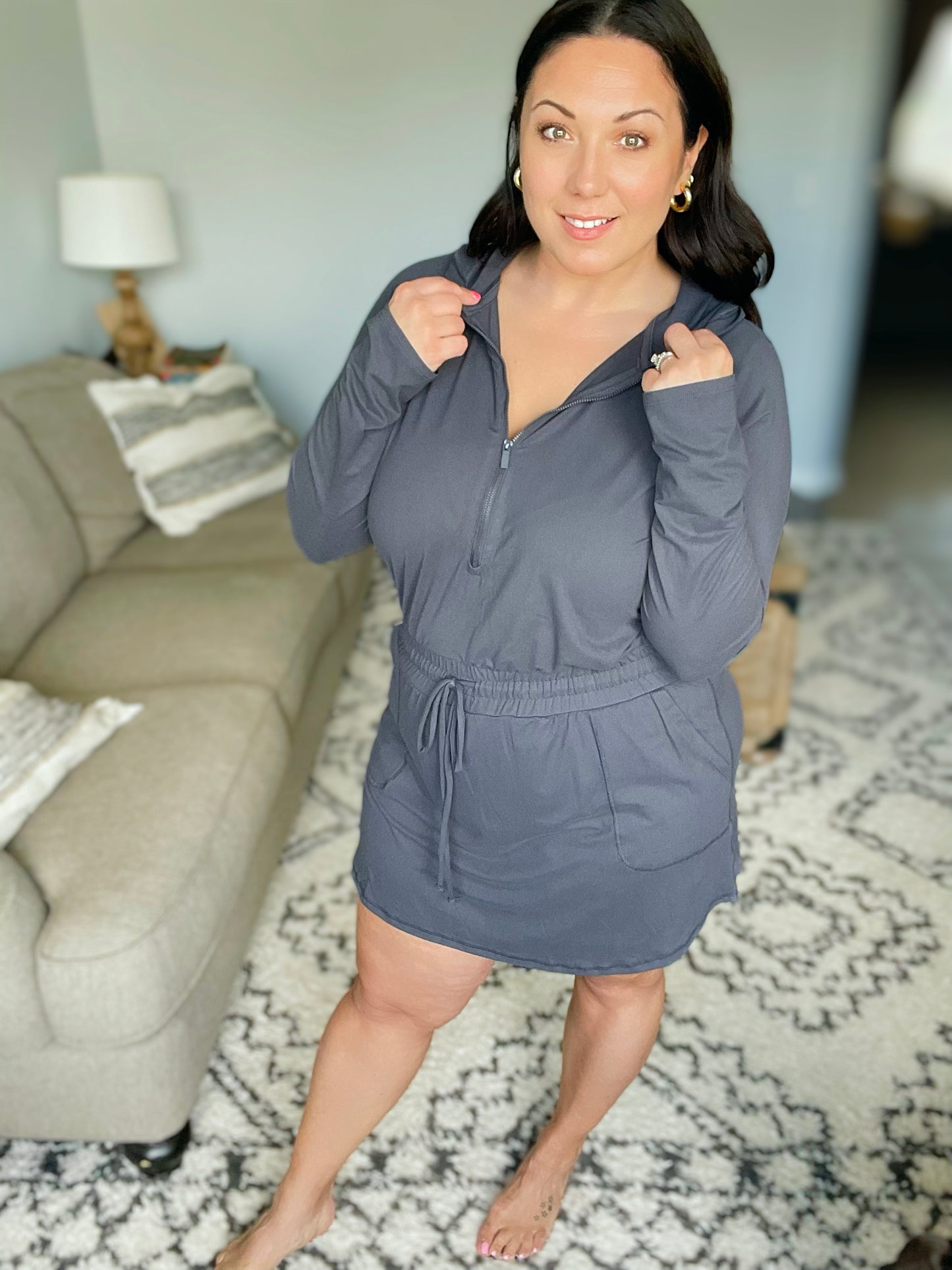 Getting Out Long Sleeve Hoodie Romper in Charcoal