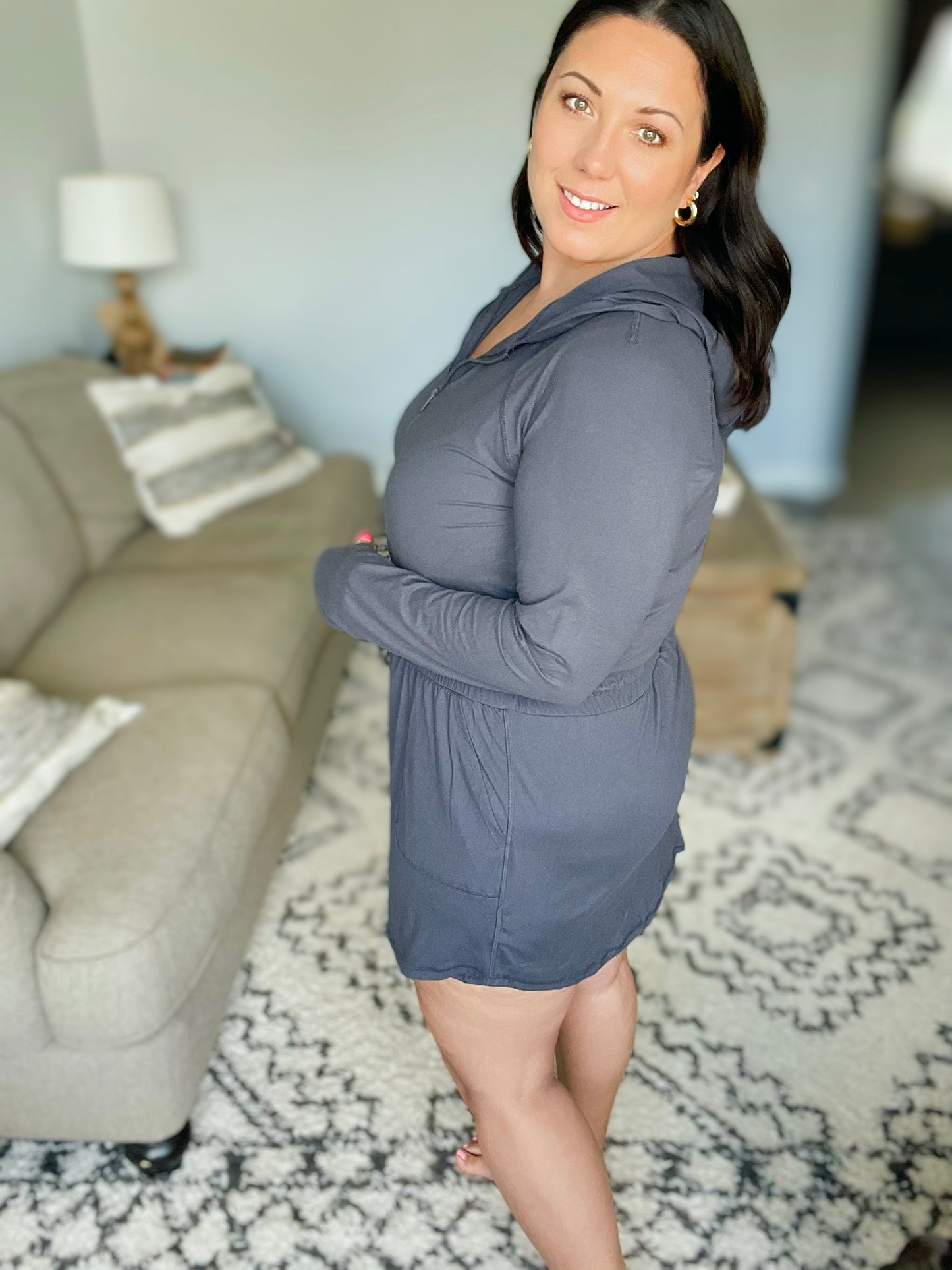 Getting Out Long Sleeve Hoodie Romper in Charcoal
