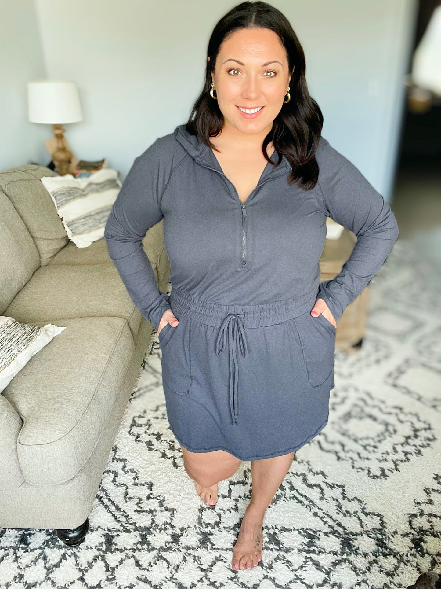 Getting Out Long Sleeve Hoodie Romper in Charcoal