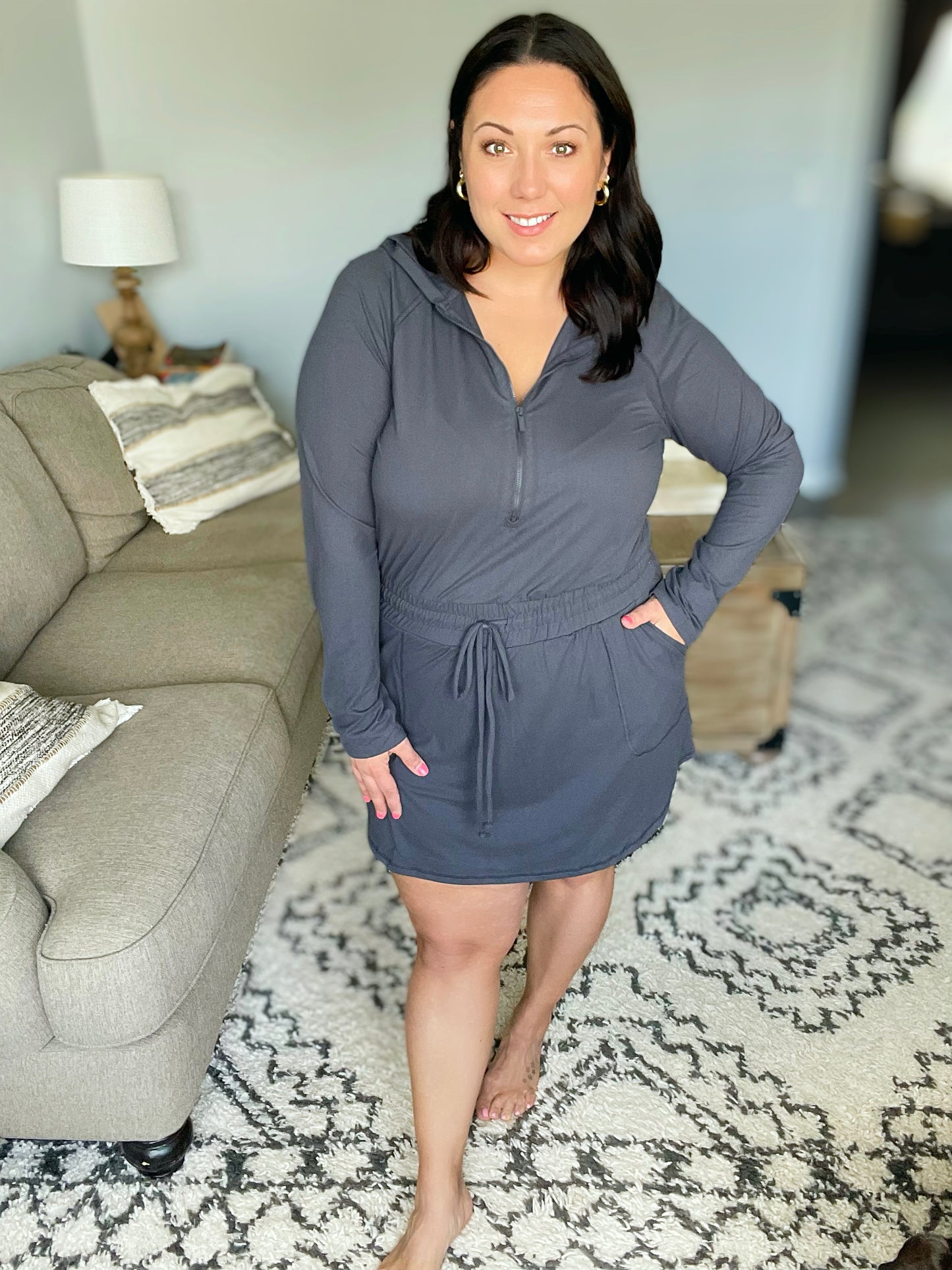 Getting Out Long Sleeve Hoodie Romper in Charcoal