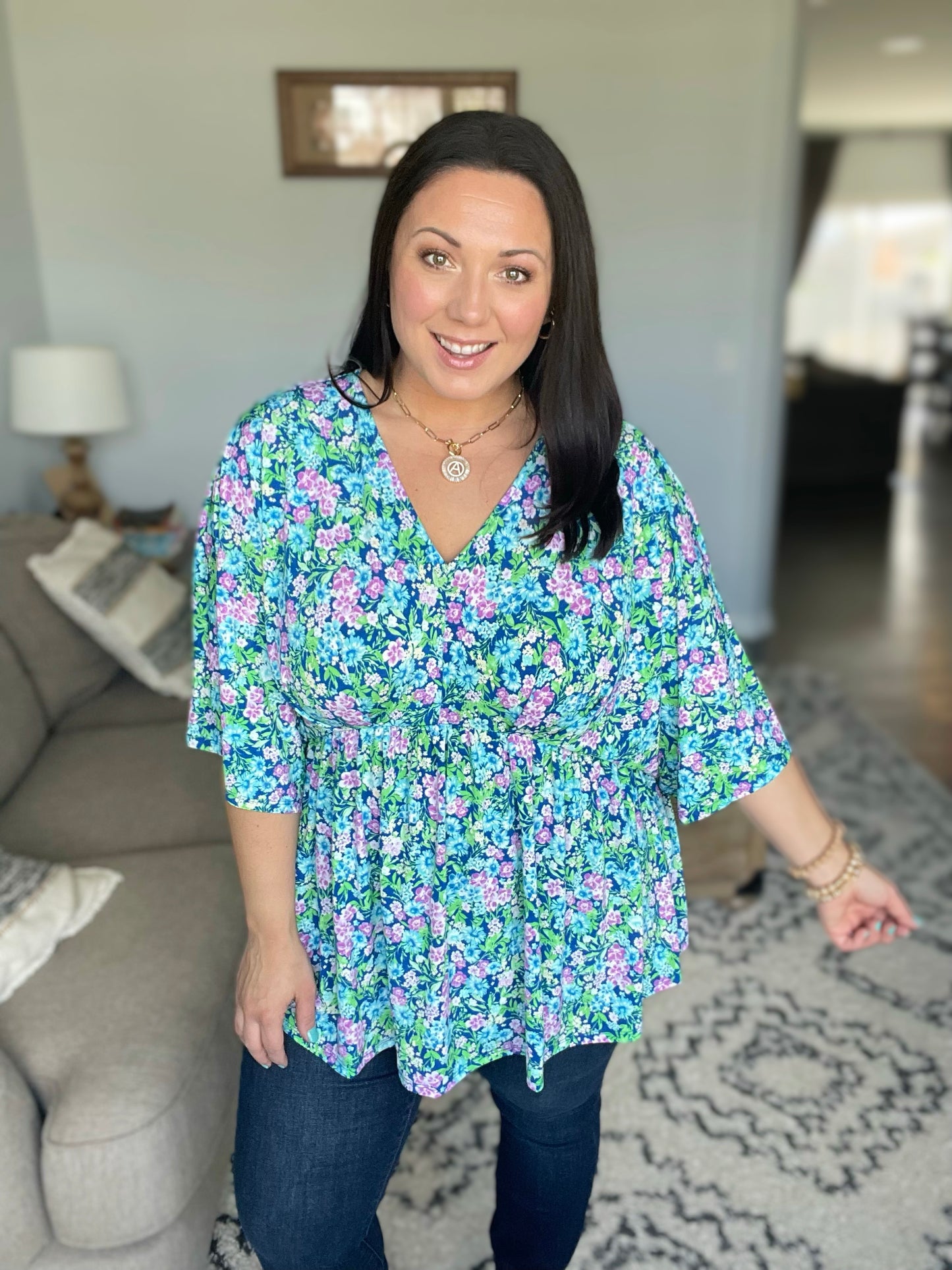 Dreamer Peplum Top in Navy and Mint Floral