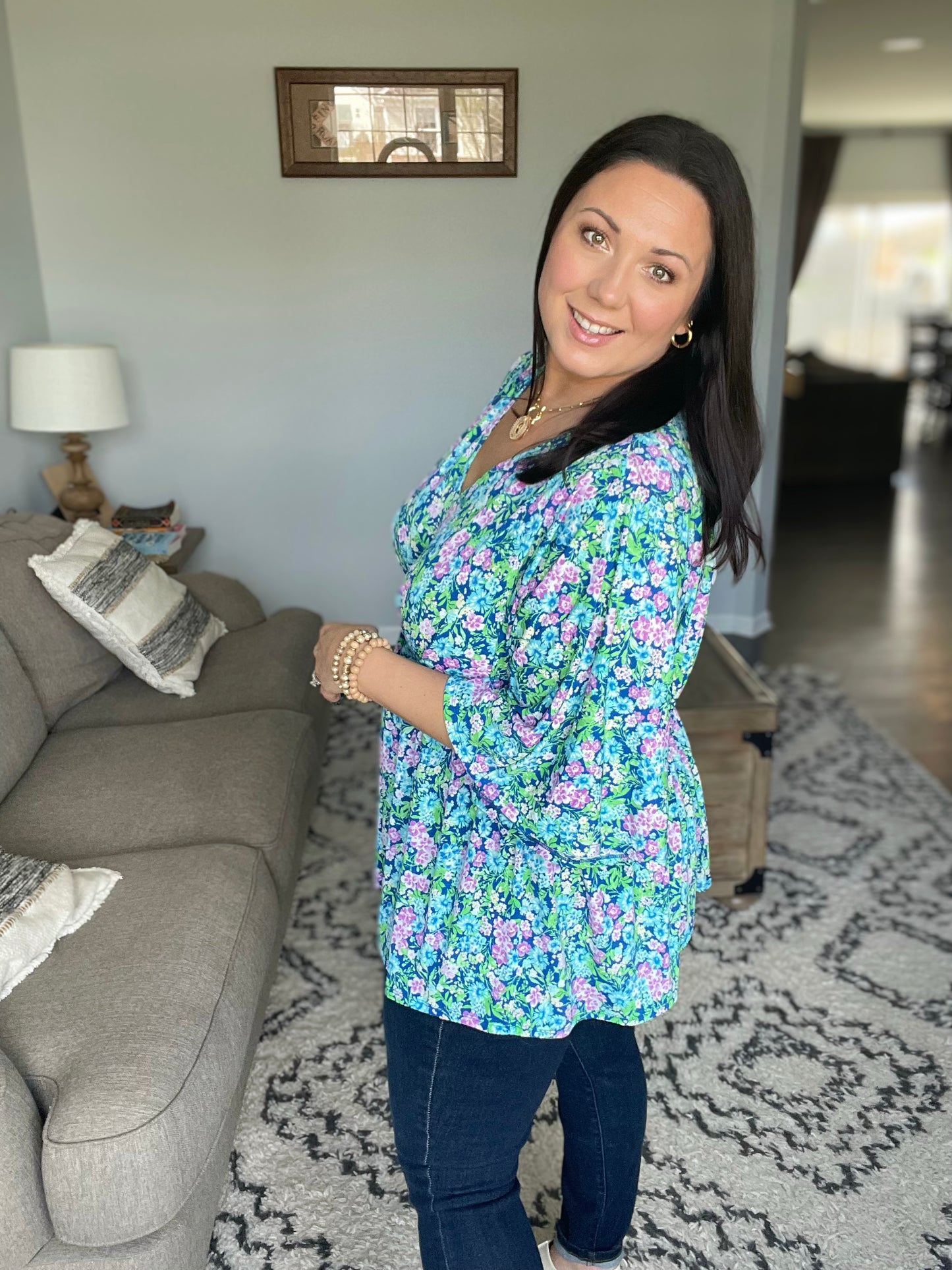 Dreamer Peplum Top in Navy and Mint Floral