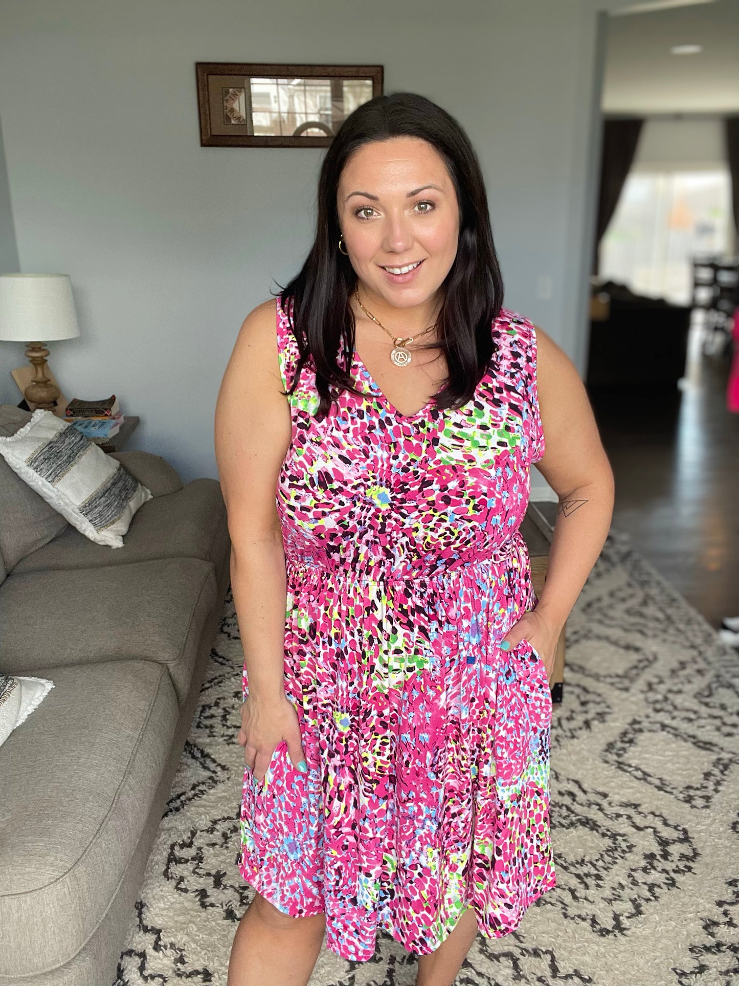 Bless Your Heart V-Neck Dress in Neon Fuchsia