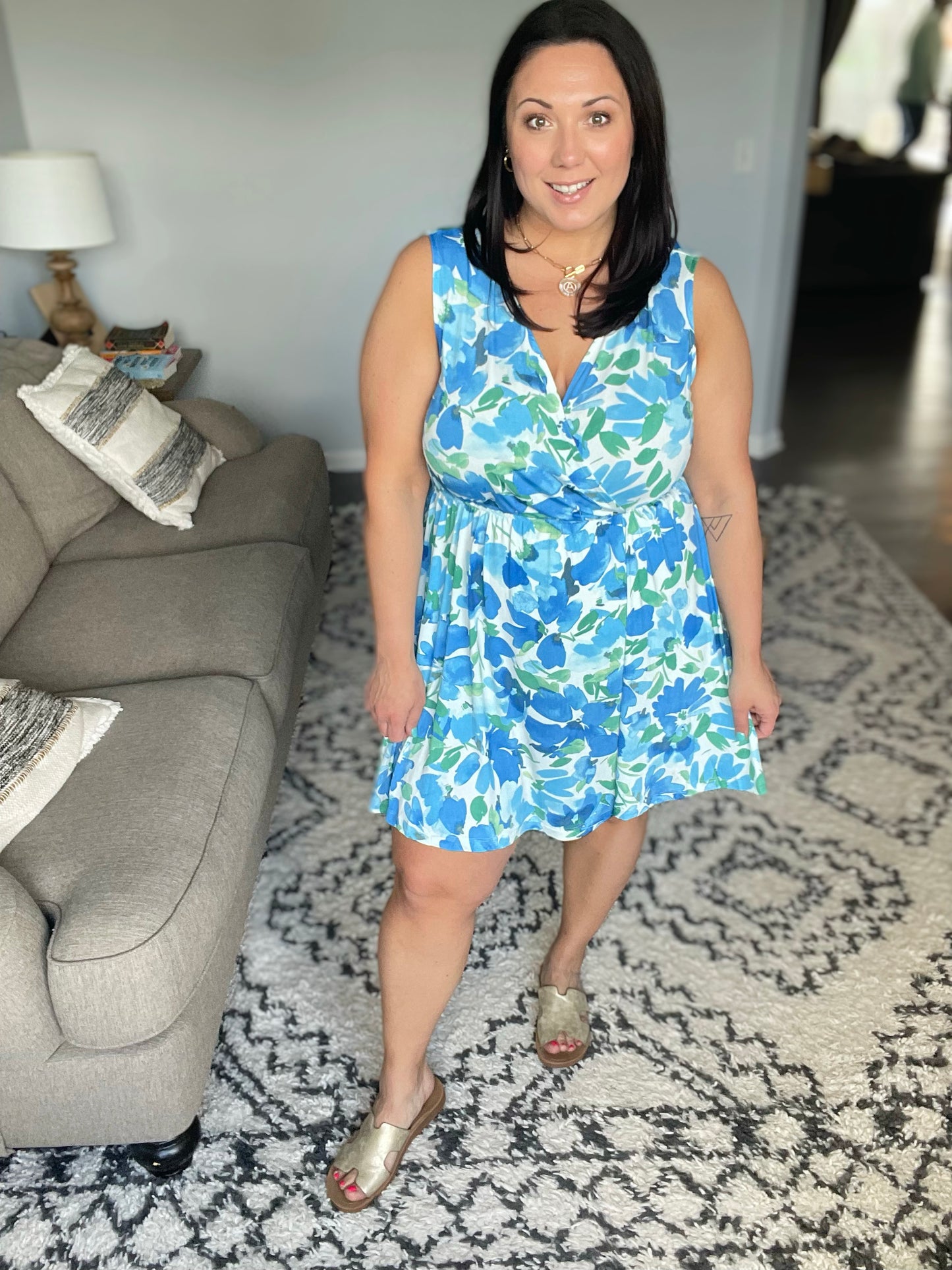 The Suns Been Quite Kind V-Neck Dress in Blue