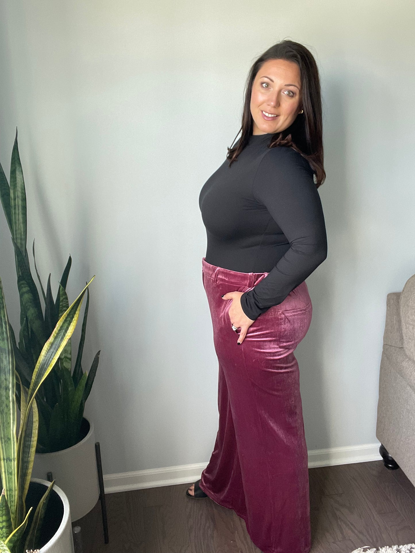Frosted Plum Velvet Wide Leg Trousers