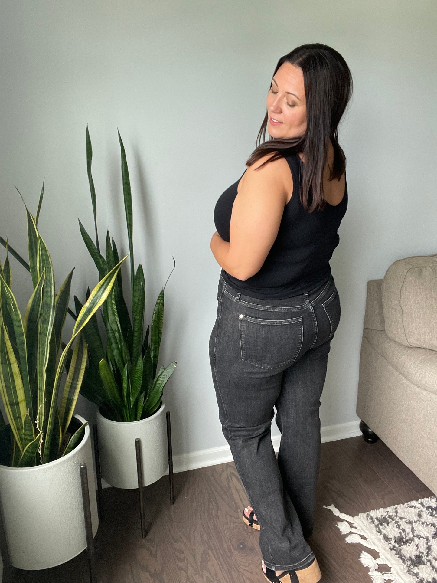 Joan High Rise Control Top Straight Jeans in Washed Black