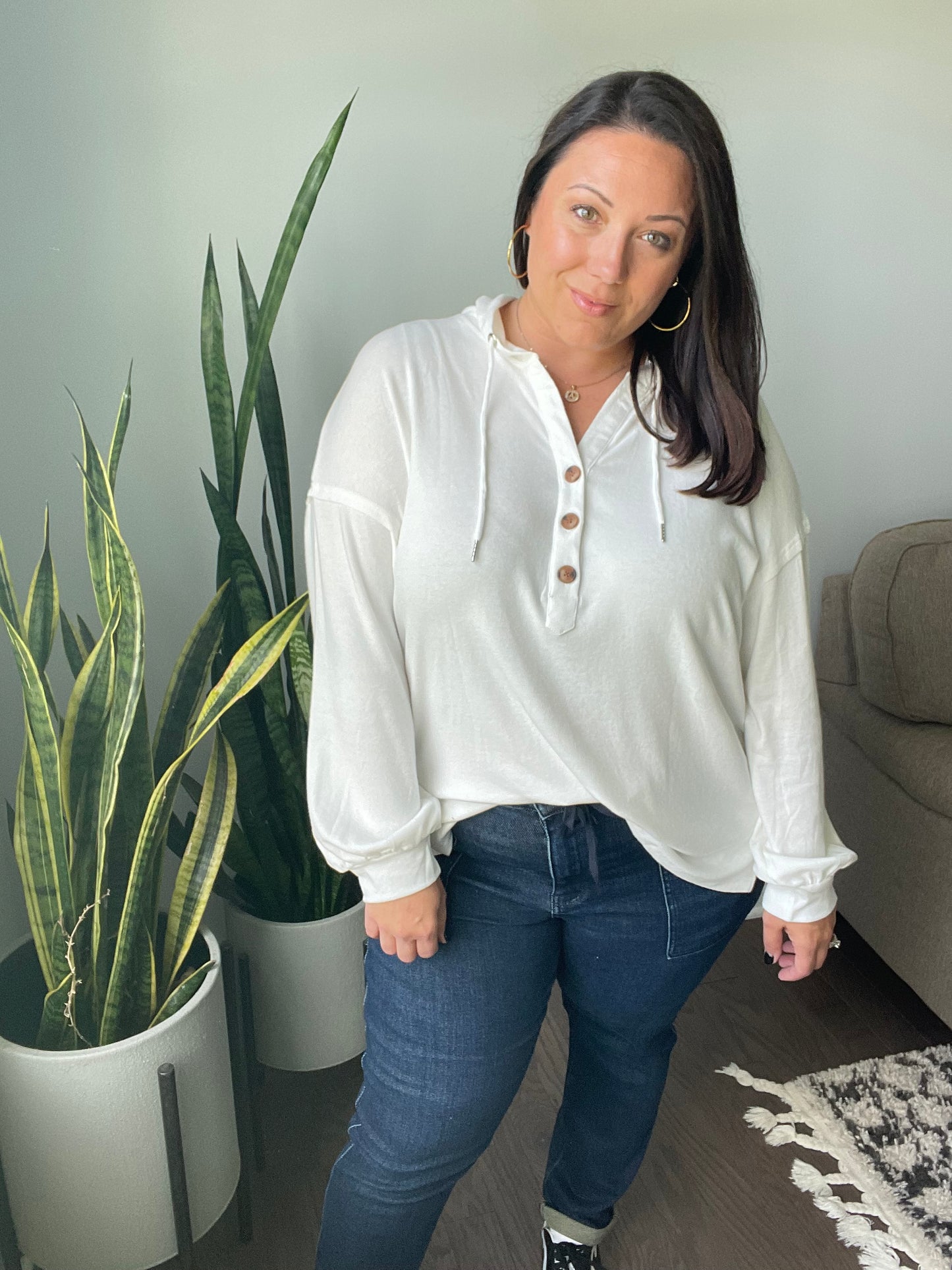 Happier Now Henley Hoodie in Ivory