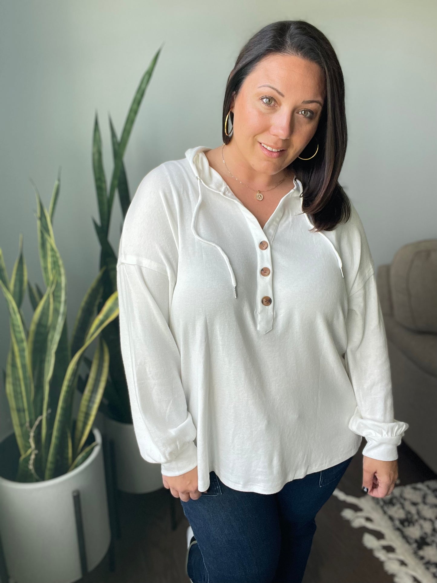 Happier Now Henley Hoodie in Ivory