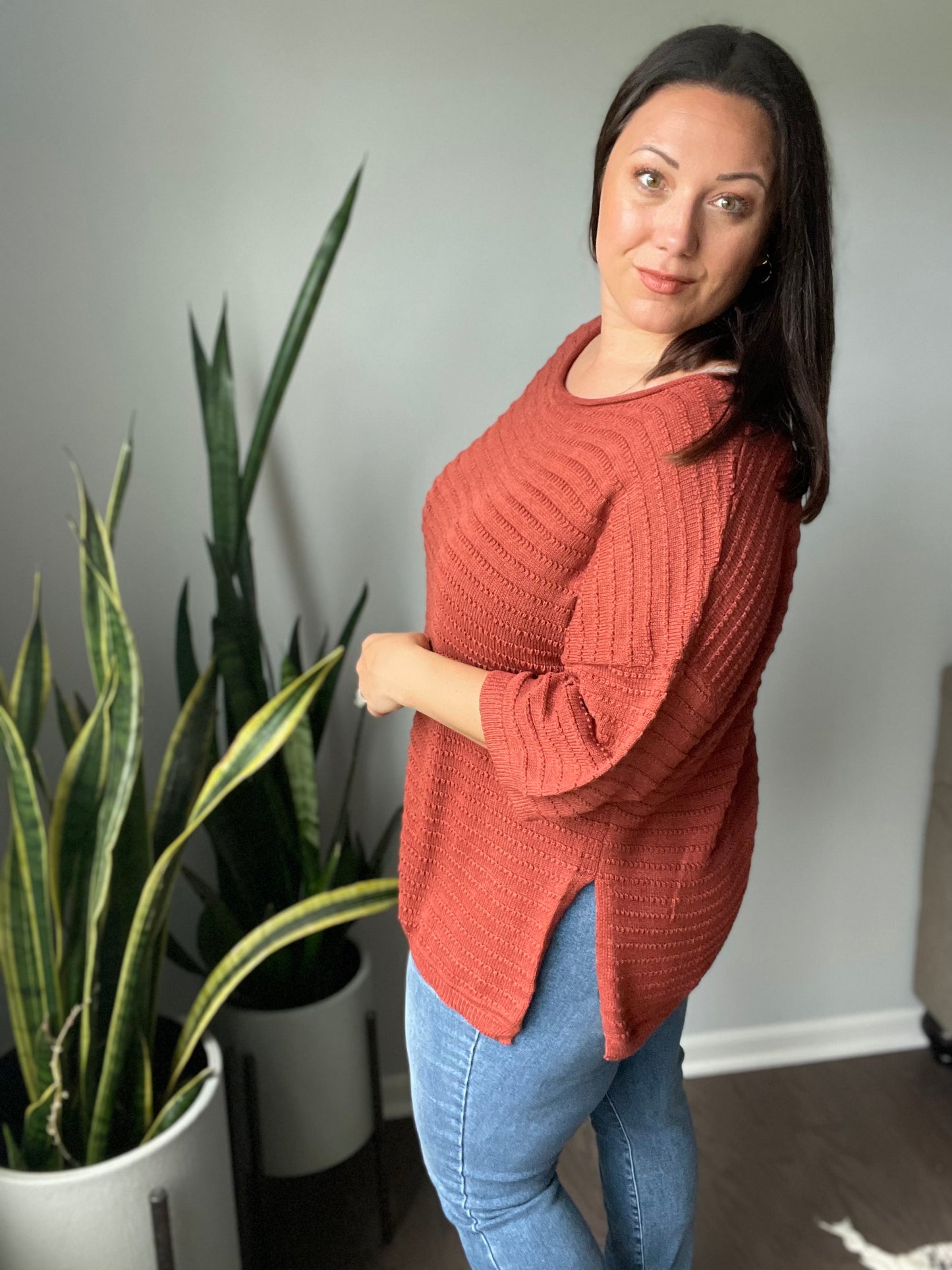 Half Sleeve Oversize Knit Sweater in Rust
