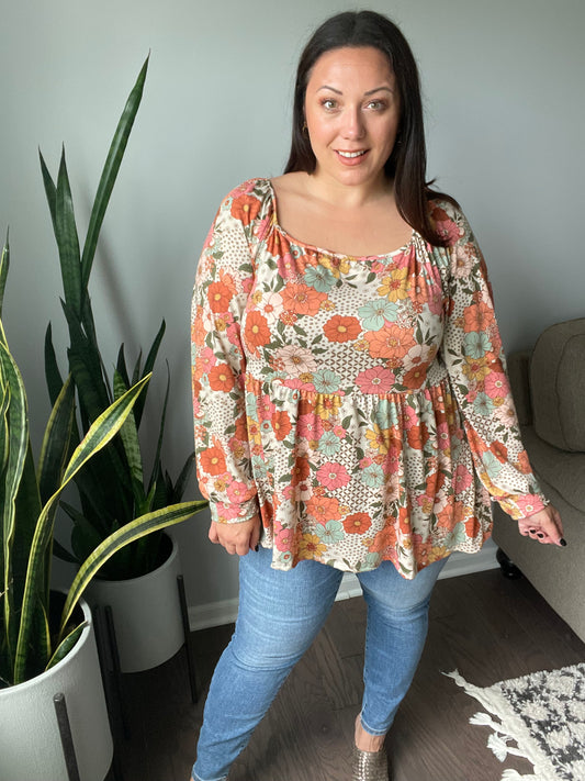 Retro Fall Florals Babydoll Top
