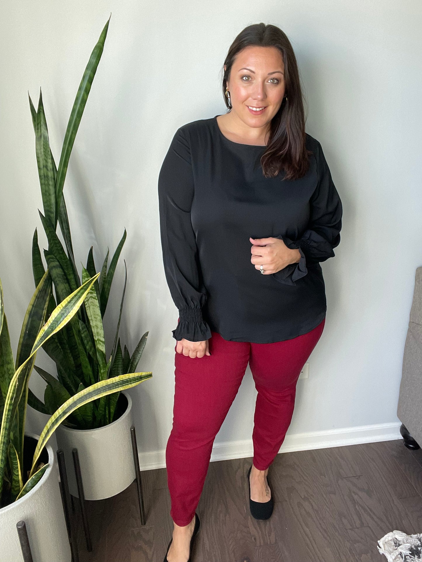 Smocked Long Sleeve Blouse in Black