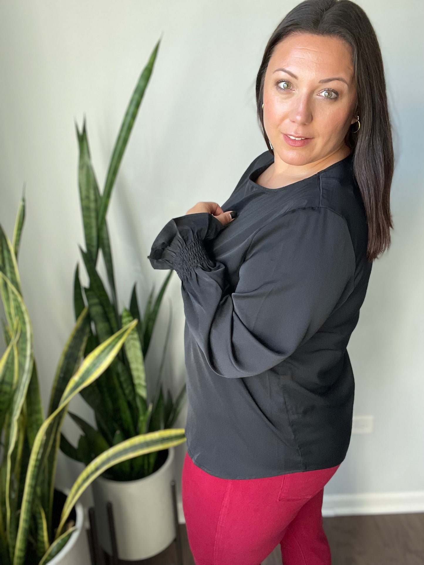 Smocked Long Sleeve Blouse in Black
