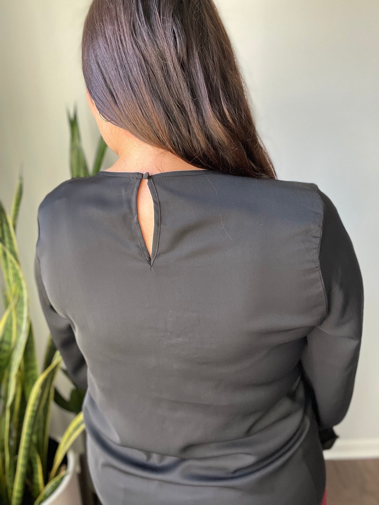 Smocked Long Sleeve Blouse in Black