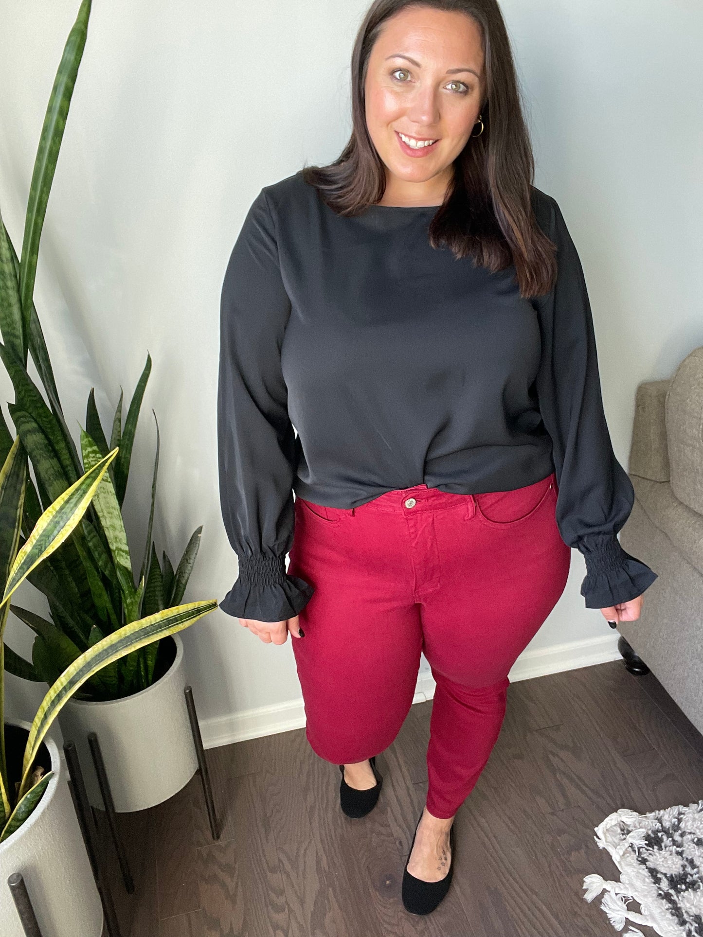 Smocked Long Sleeve Blouse in Black