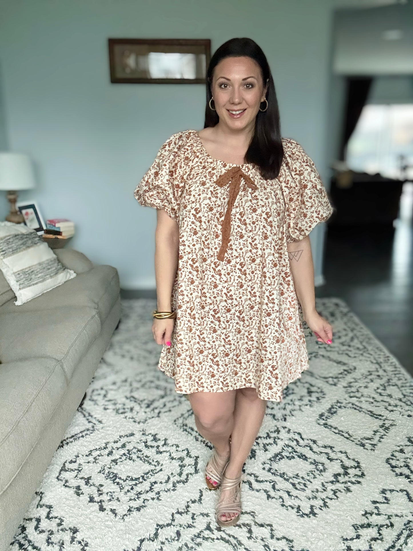 Umgee Full Size Lace Bow Floral Puff Sleeve Mini Dress in Caramel