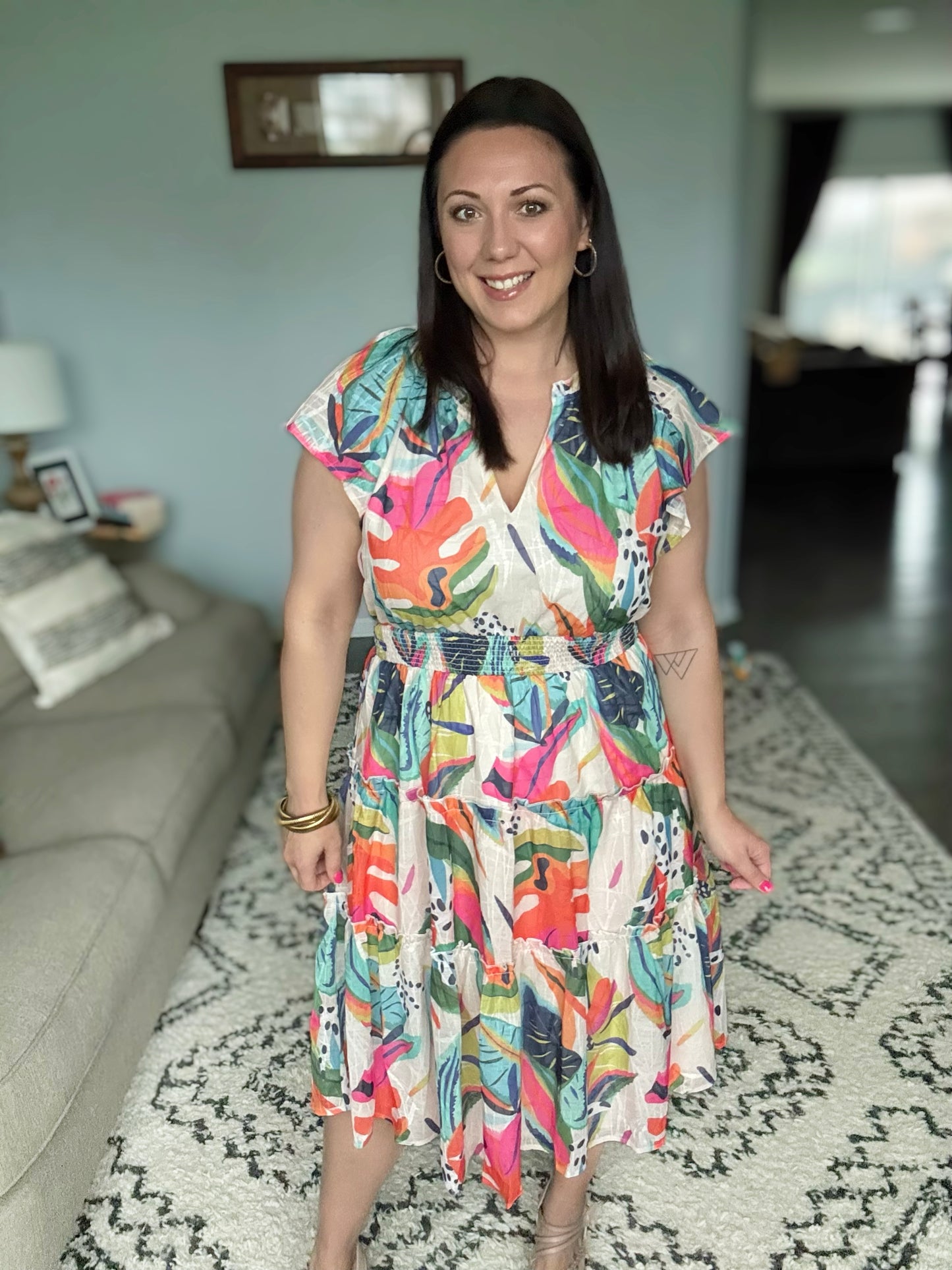 Umgee Tropical Leaf Print Cap Sleeve Tiered Midi Dress