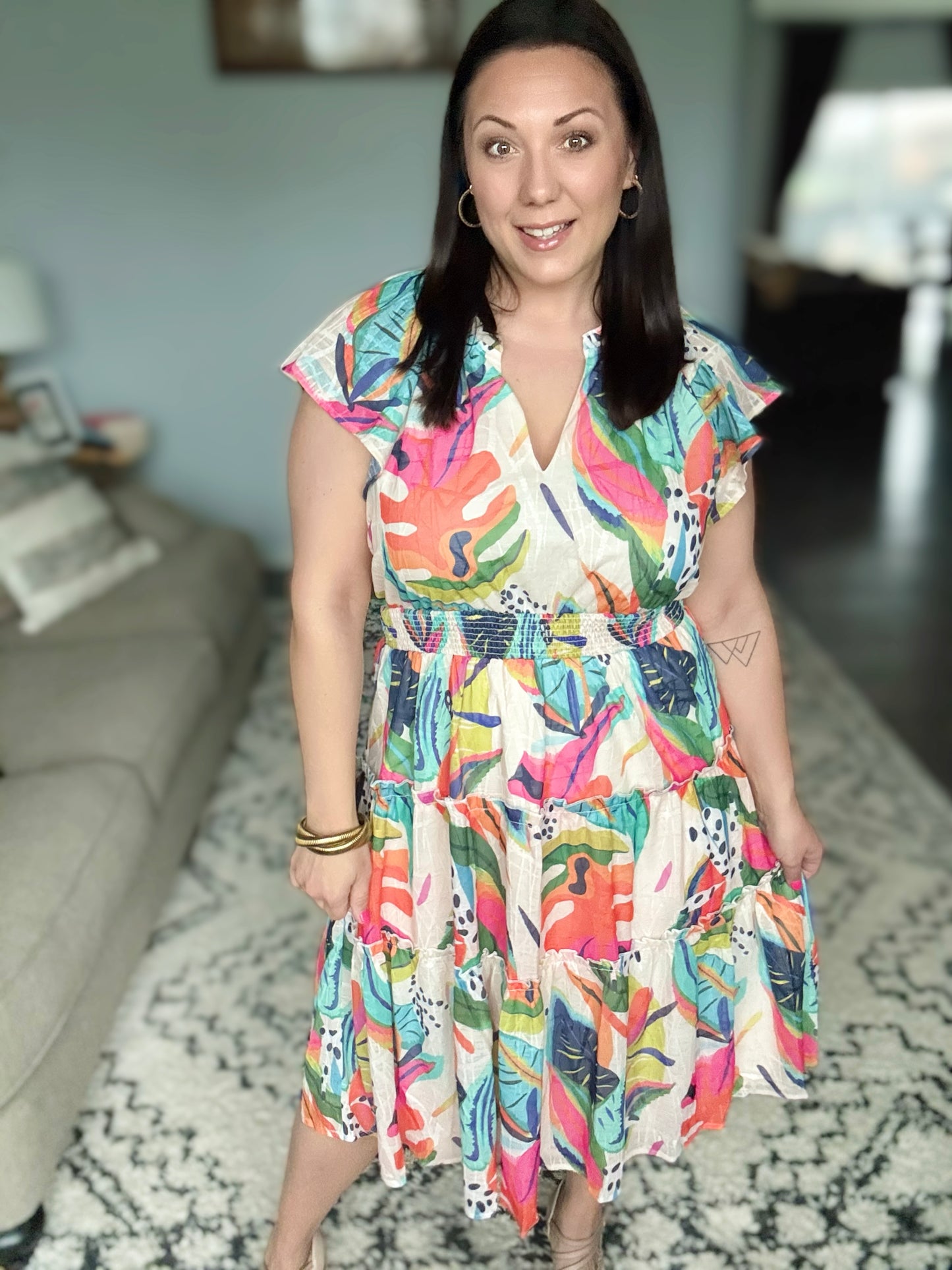 Umgee Tropical Leaf Print Cap Sleeve Tiered Midi Dress