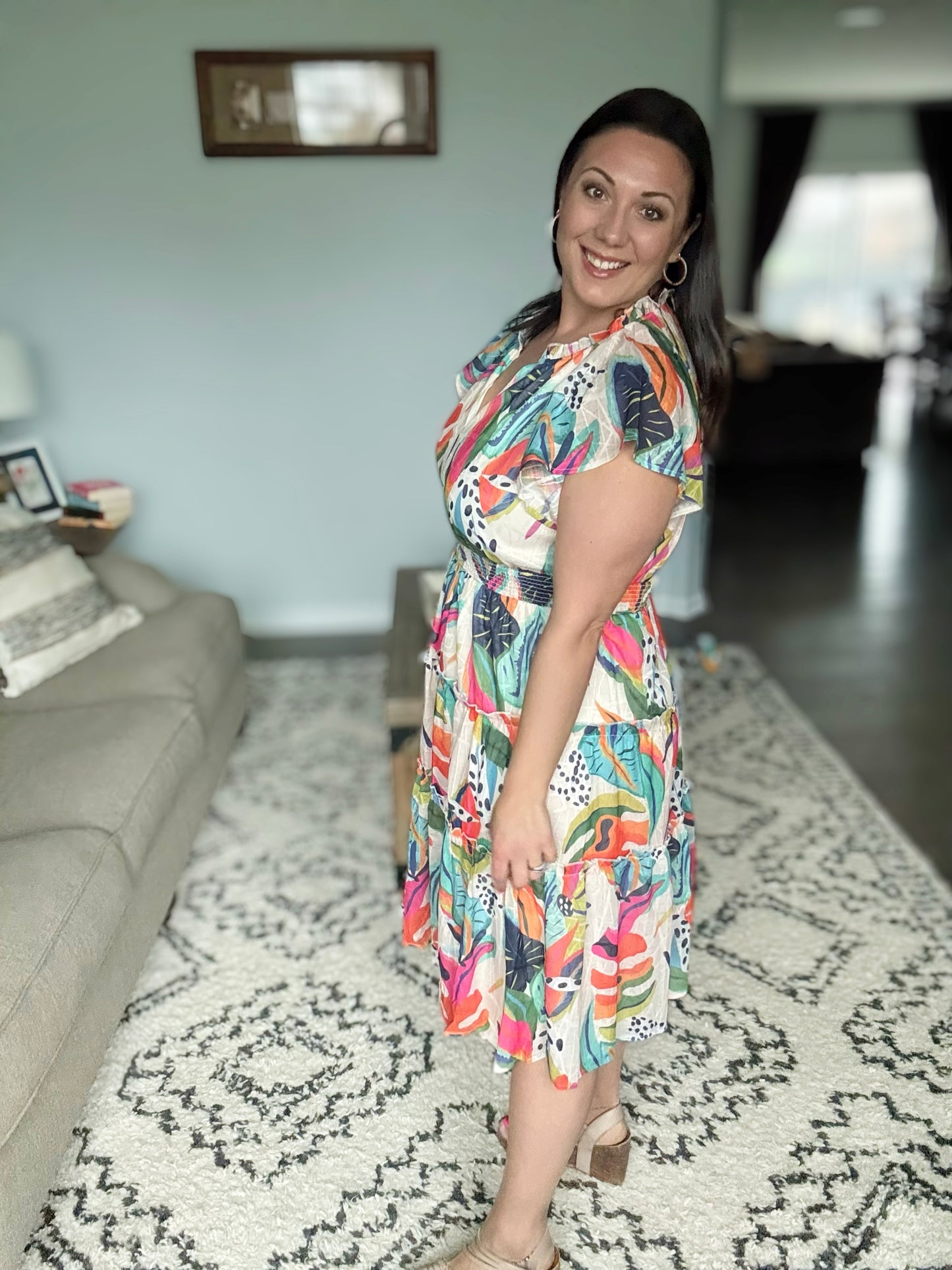 Umgee Tropical Leaf Print Cap Sleeve Tiered Midi Dress