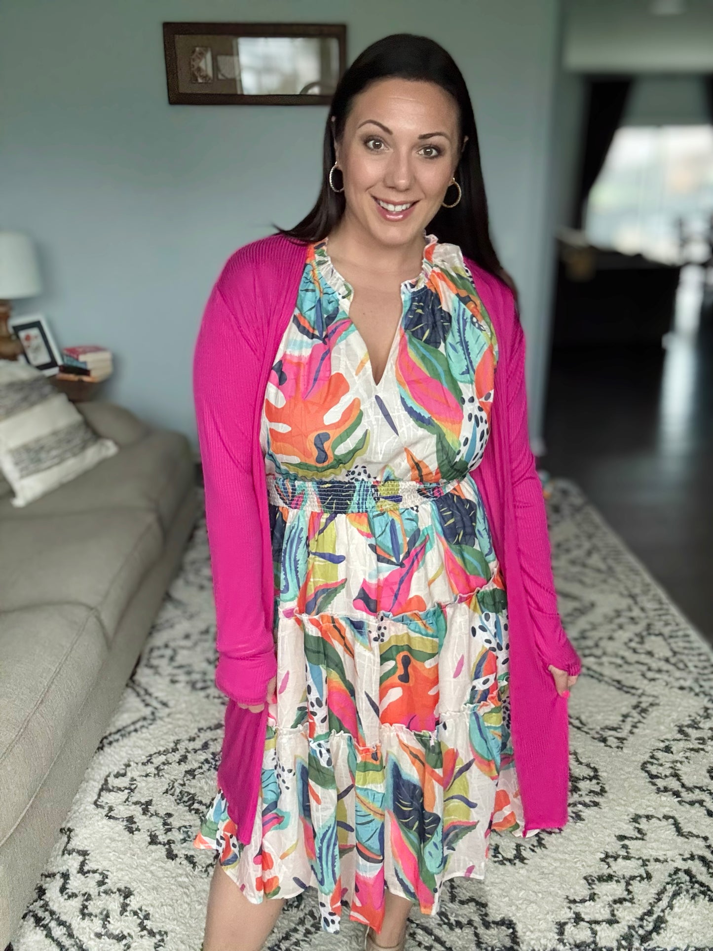 Umgee Tropical Leaf Print Cap Sleeve Tiered Midi Dress