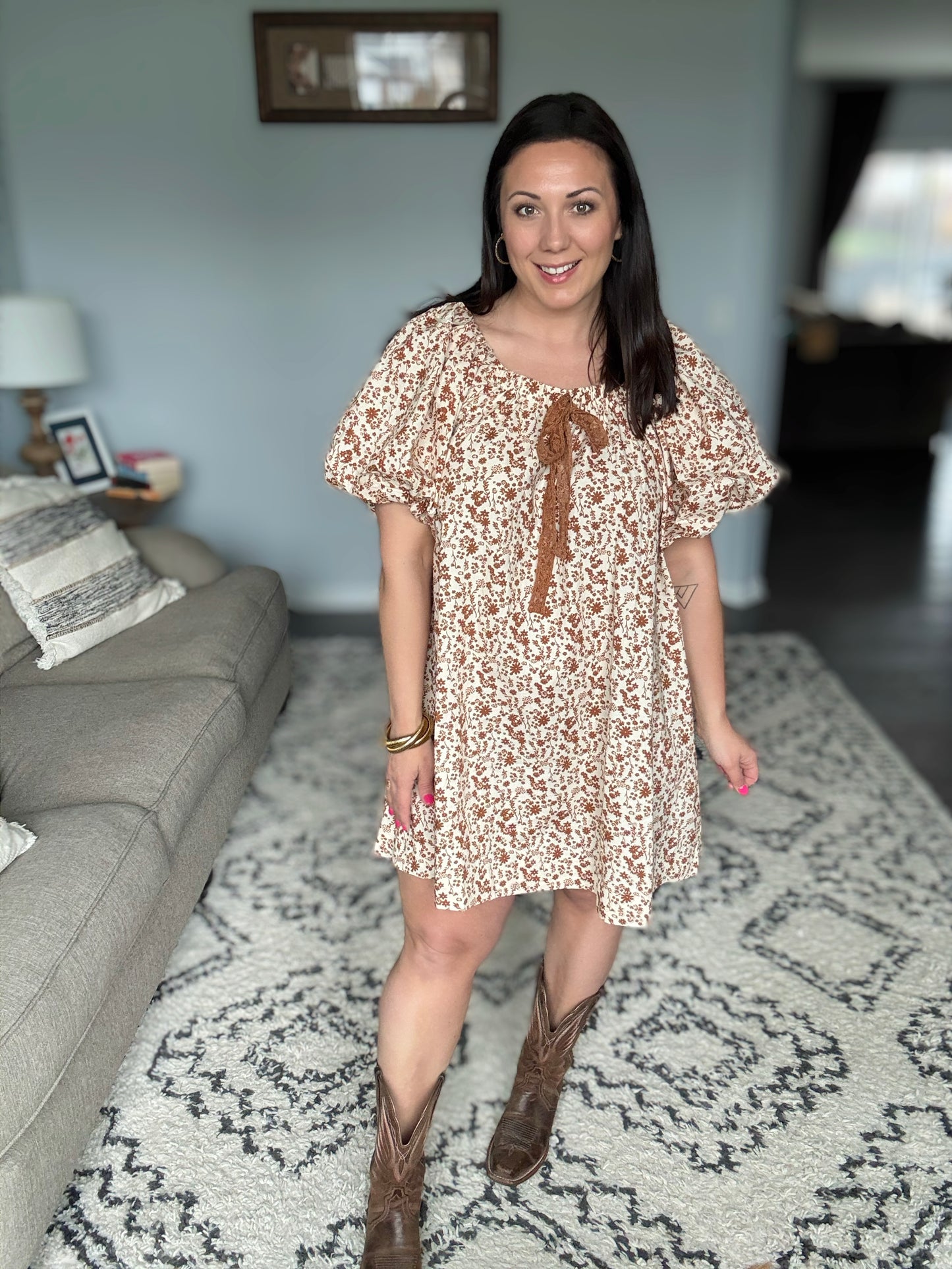 Umgee Full Size Lace Bow Floral Puff Sleeve Mini Dress in Caramel