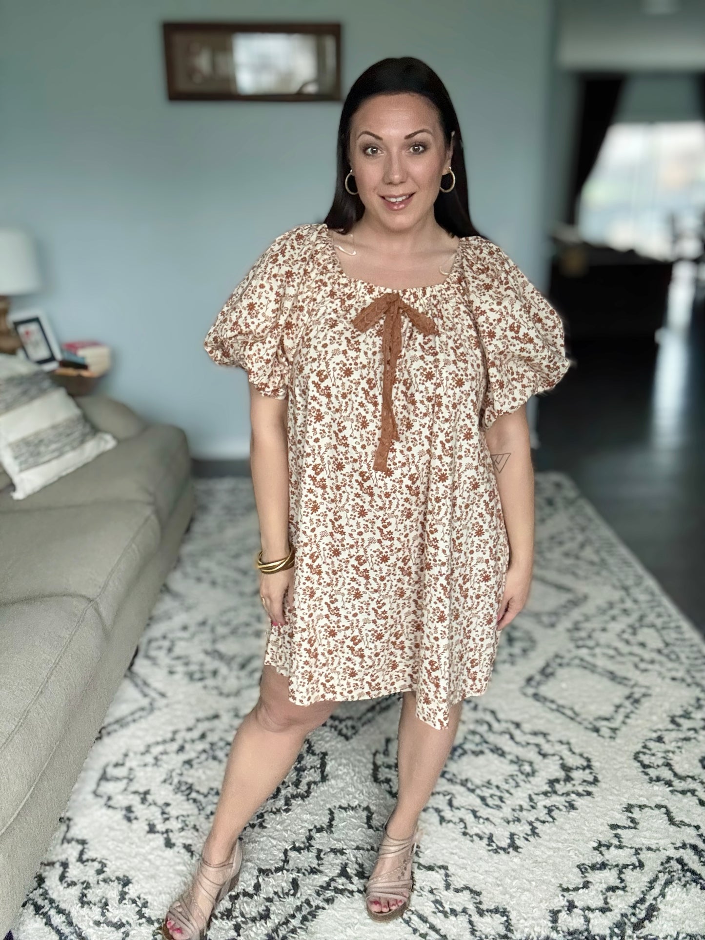 Umgee Full Size Lace Bow Floral Puff Sleeve Mini Dress in Caramel