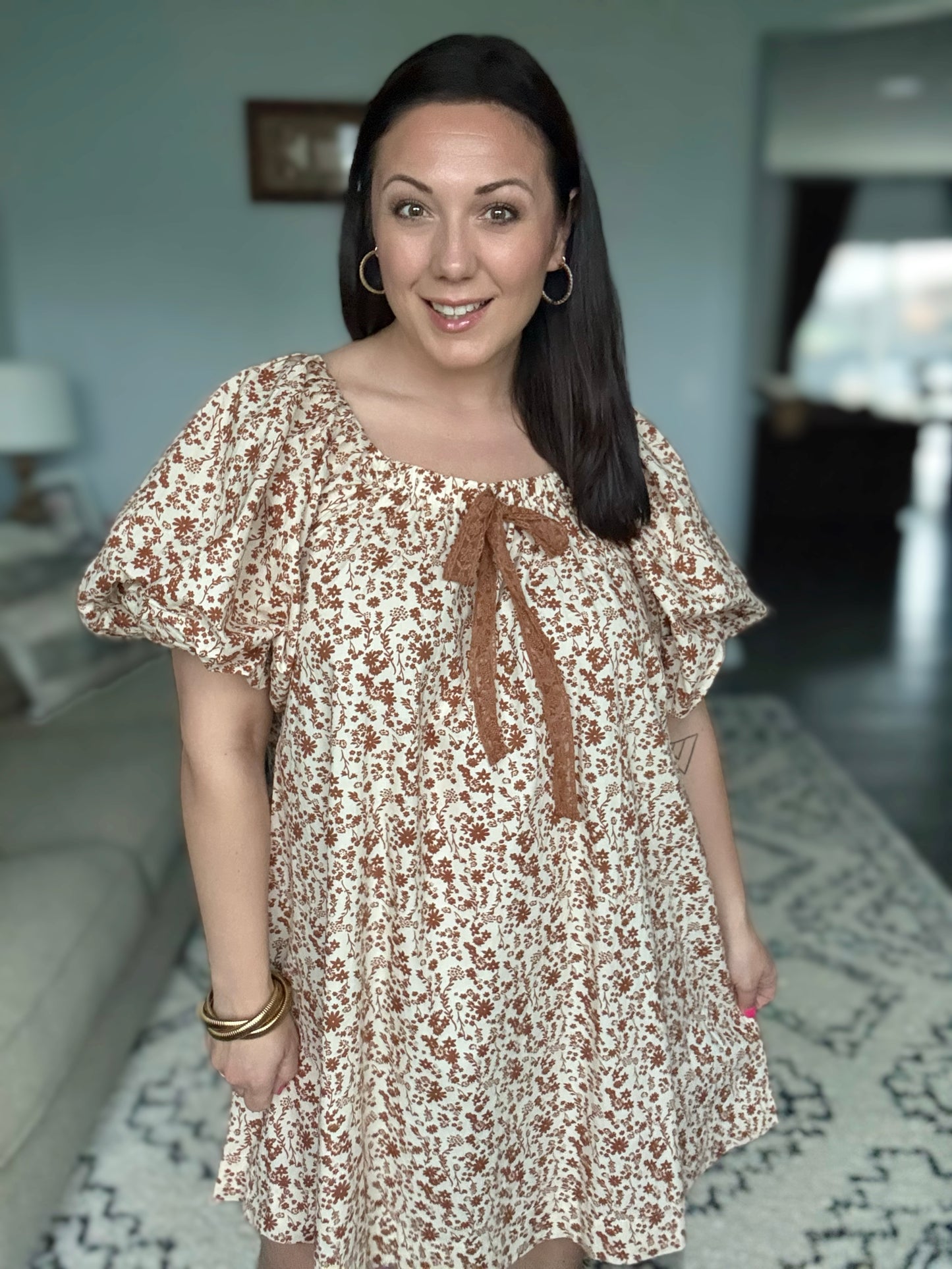 Umgee Full Size Lace Bow Floral Puff Sleeve Mini Dress in Caramel