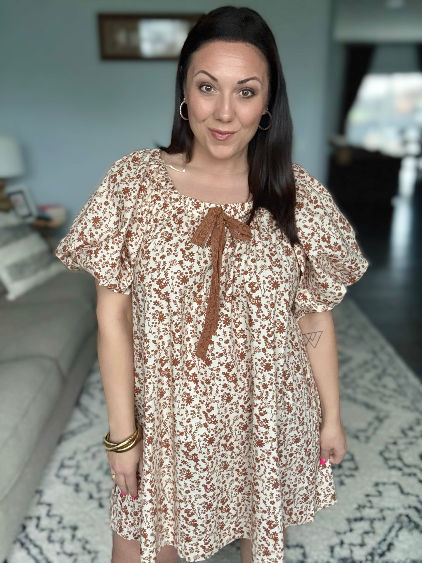 Umgee Full Size Lace Bow Floral Puff Sleeve Mini Dress in Caramel