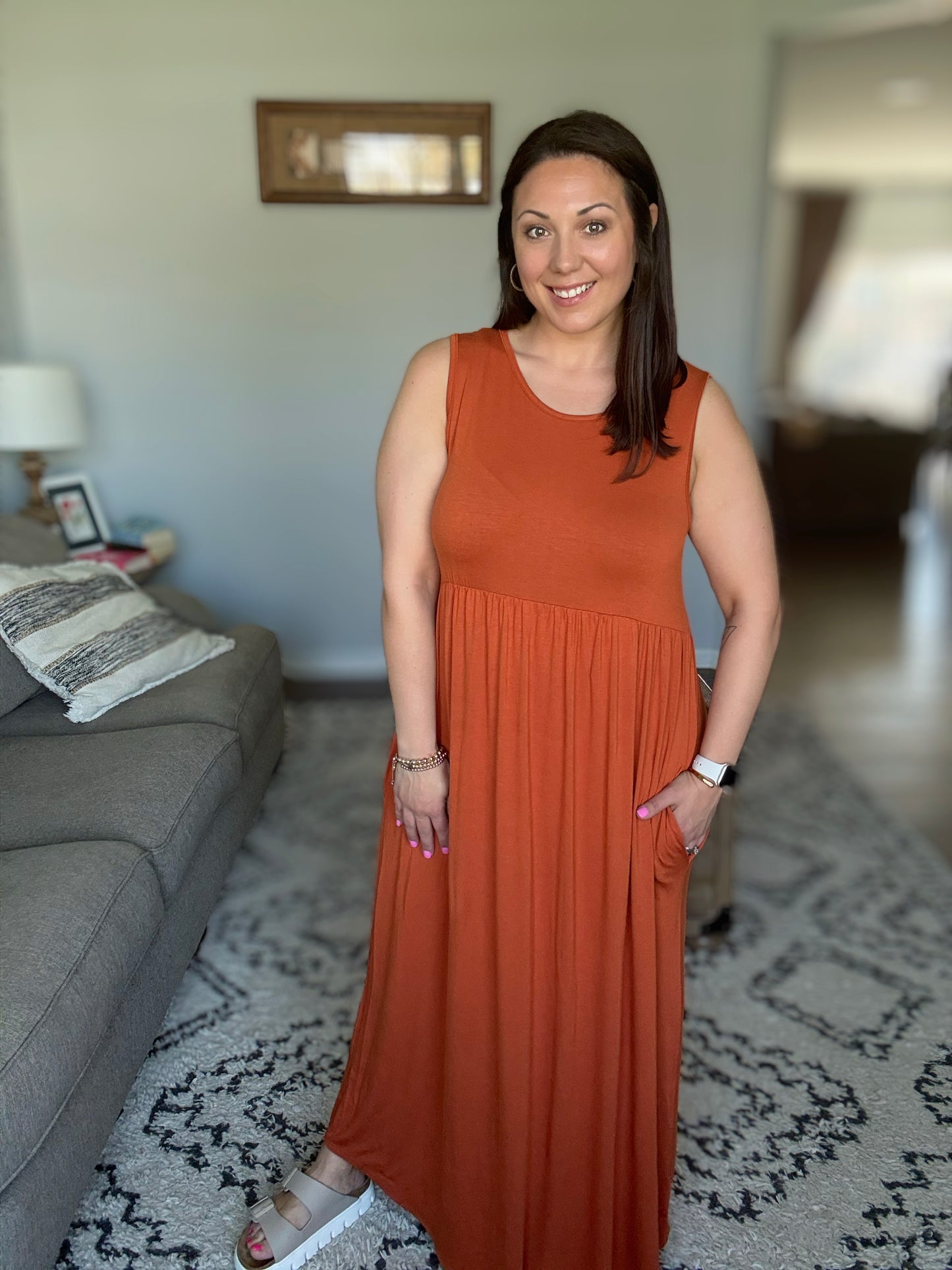 BOMBOM Sleeveless Maxi Dress with Pockets in Rust